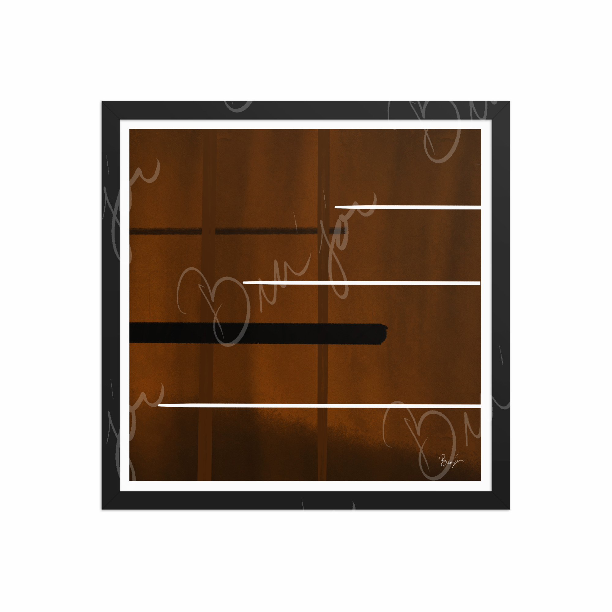 16x16 Black Framed Abstract artwork titled Steps designed by the digital abstract artist Bra'jor. Artwork includes the colors Brown, Black, and White