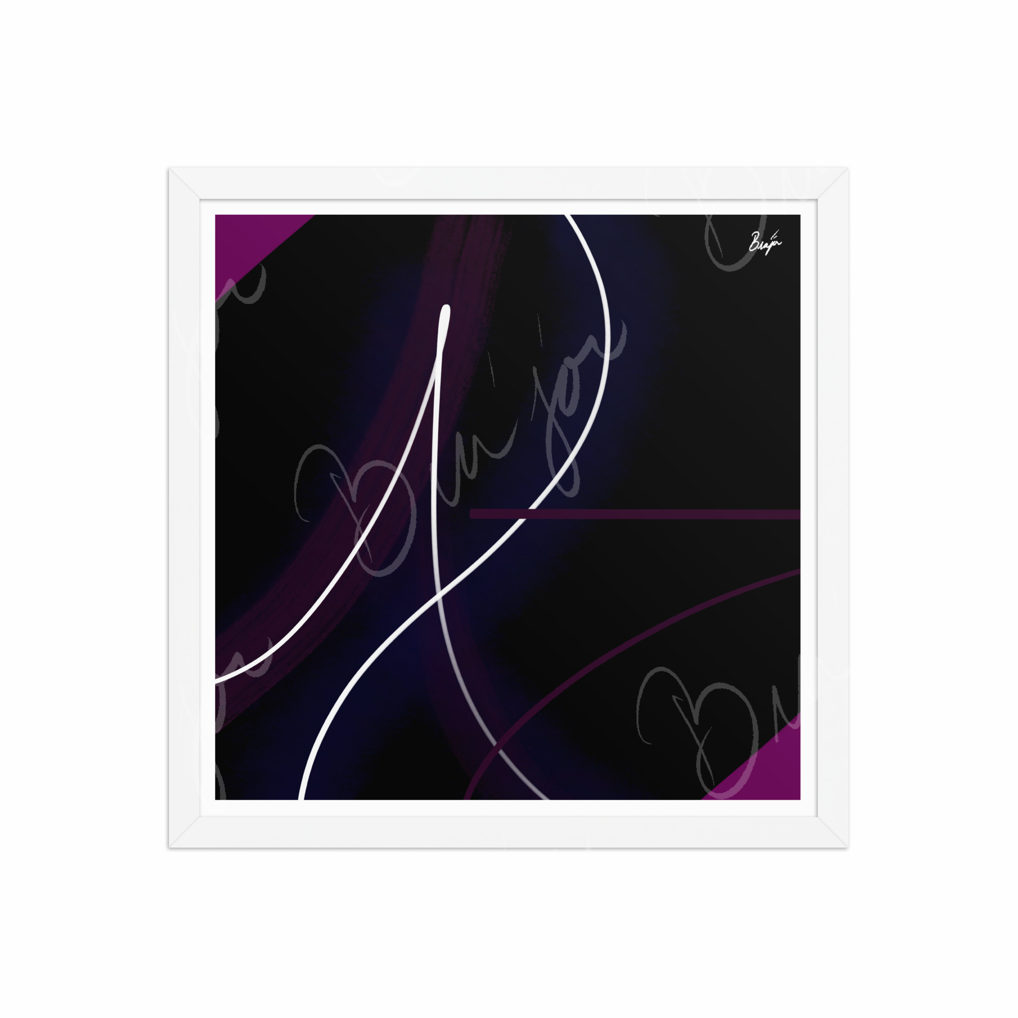 16x16 White Framed Abstract artwork titled Poised designed by the digital abstract artist Bra'jor. Artwork includes the colors Purple, Pink, Blue, and White
