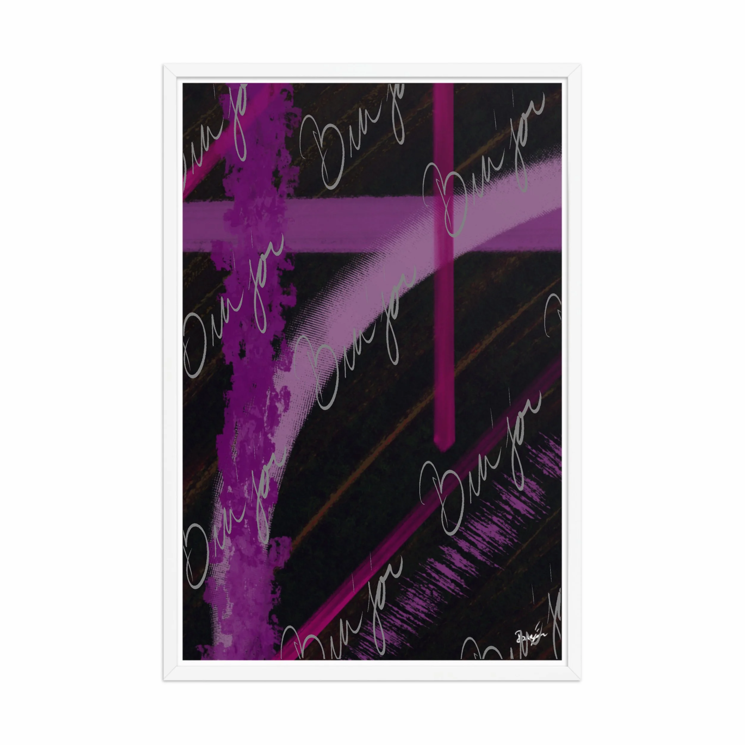 24x36 White Framed Abstract artwork titled Be Soft designed by the digital abstract artist Bra'jor. Artwork includes the colors Purple, Lavender, Pink, Orange, and Black
