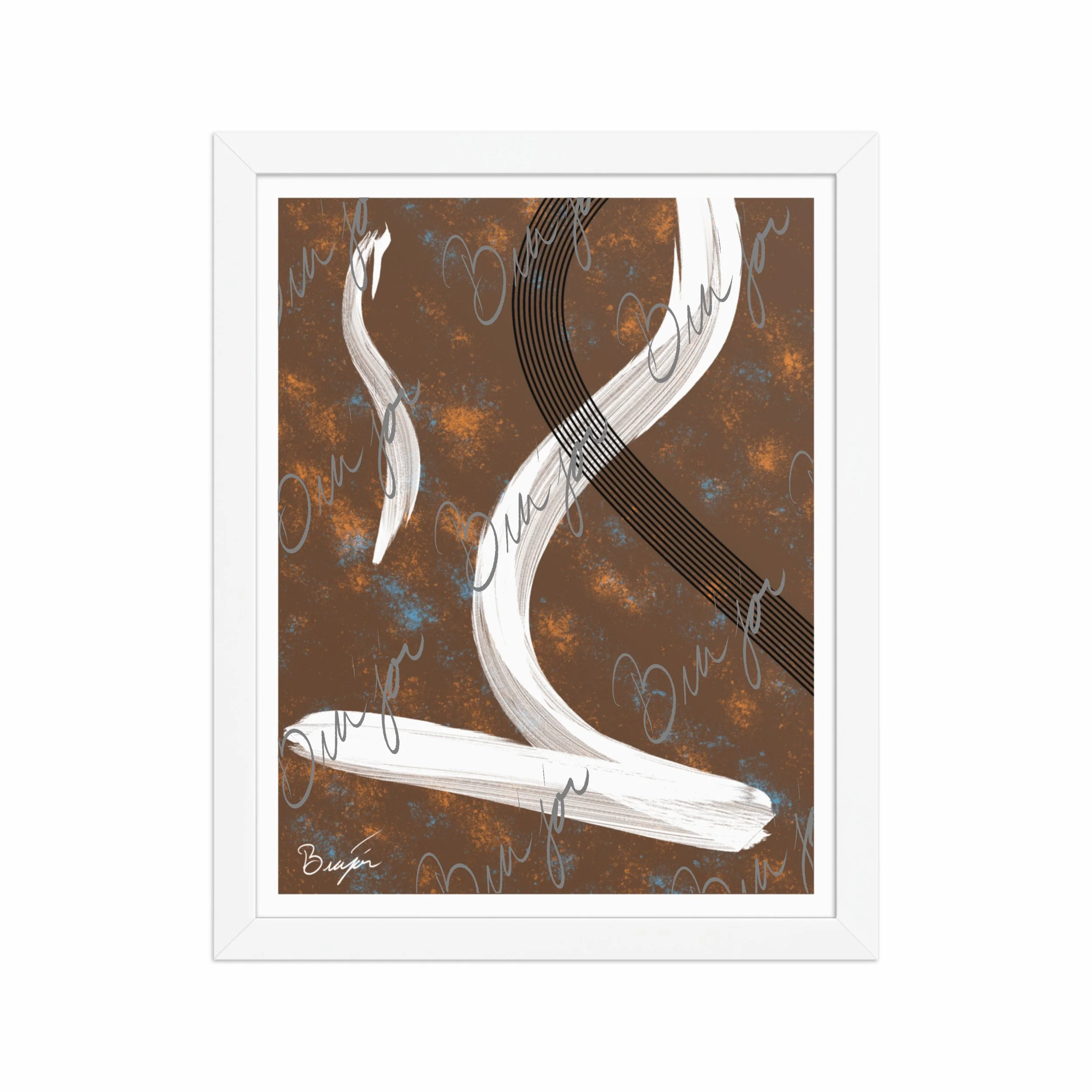11x14 White Framed abstract artwork titled My Heart designed by the digital abstract artist Bra'jor. Artwork includes the colors Brown, Orange, Blue, White, and Black