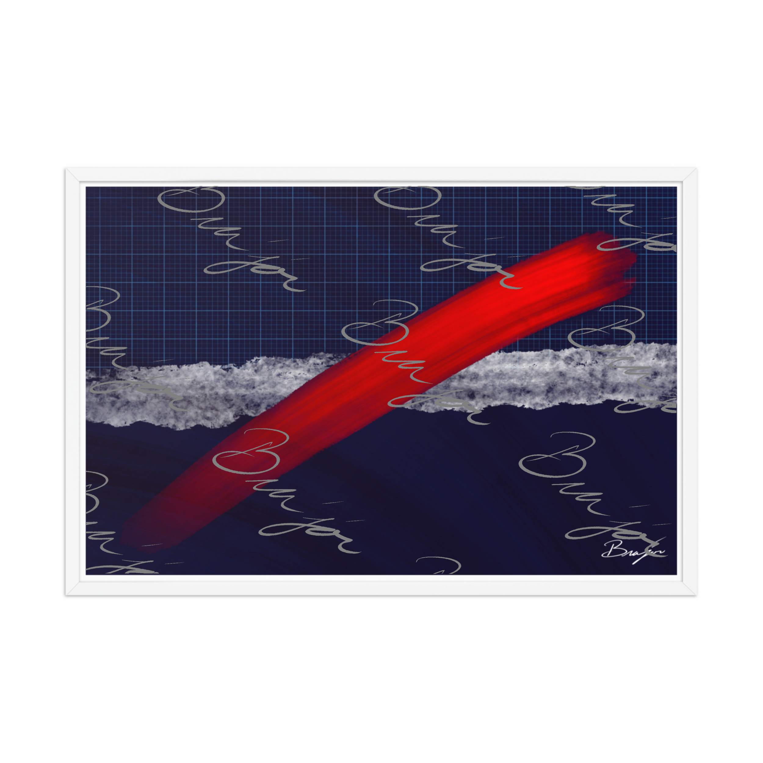 24x36 White Framed abstract artwork titled Strike designed by the digital abstract artist Bra'jor. Artwork includes the colors Red, Blue, white, and Gray