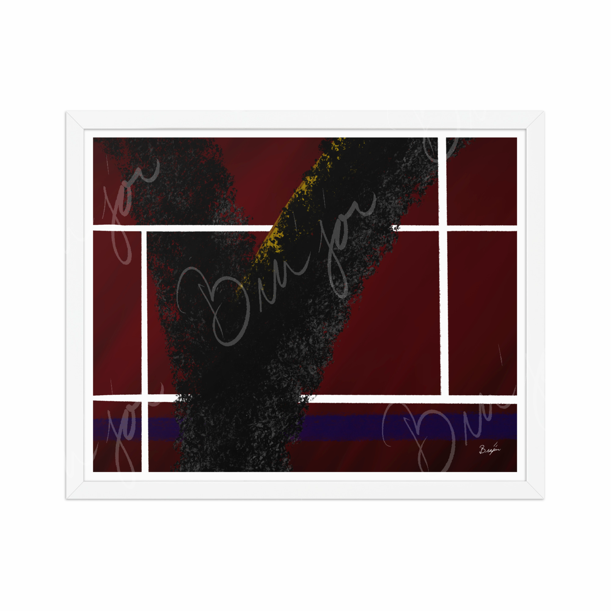 16x20 White Framed Abstract artwork titled Step Out designed by the digital abstract artist Bra'jor. Artwork includes the colors Red, White, Black, Yellow, and Blue