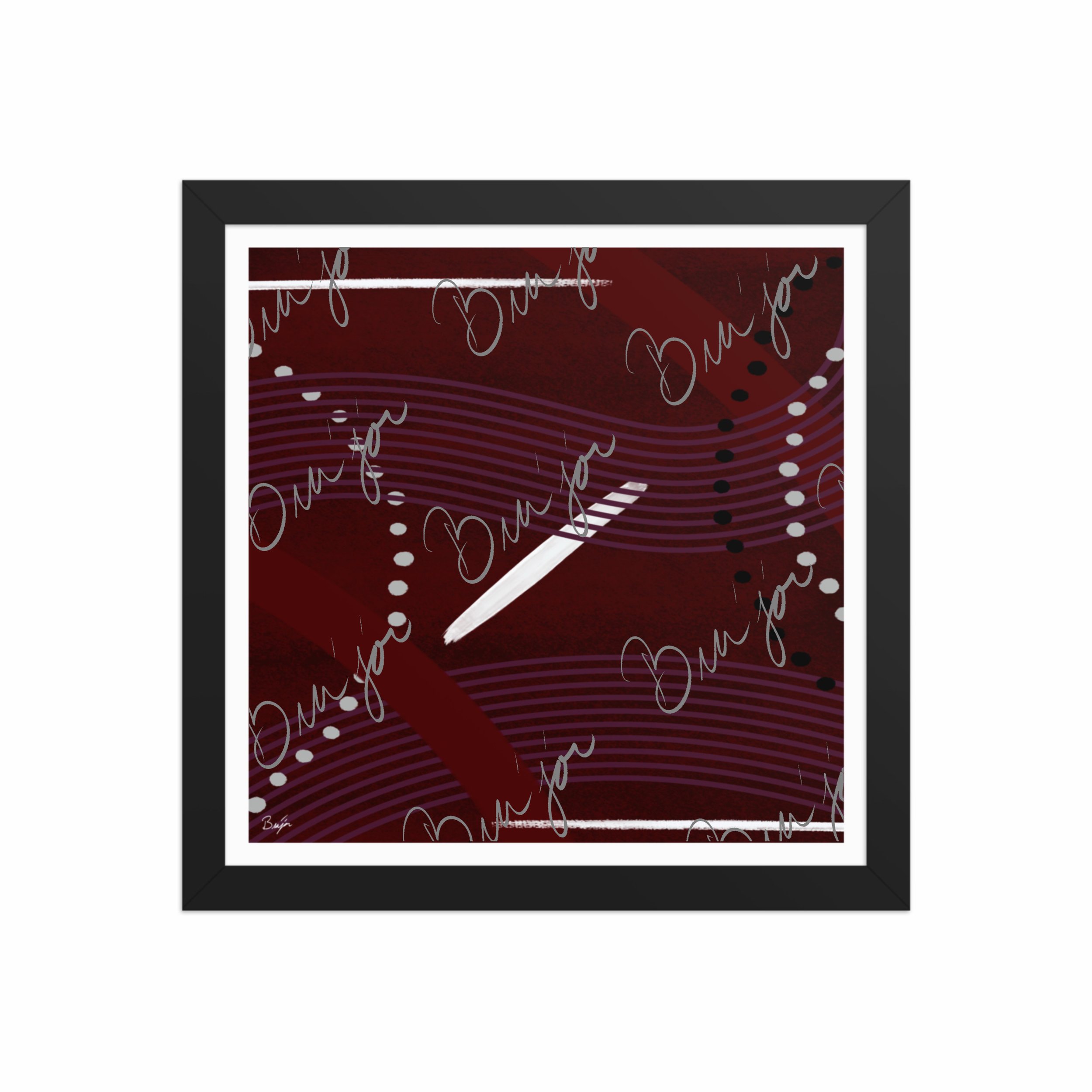 12x12 Black Framed Abstract artwork titled Memories designed by the digital abstract artist Bra'jor. Artwork includes the colors Black, White, Maroon, Purple, and Gray