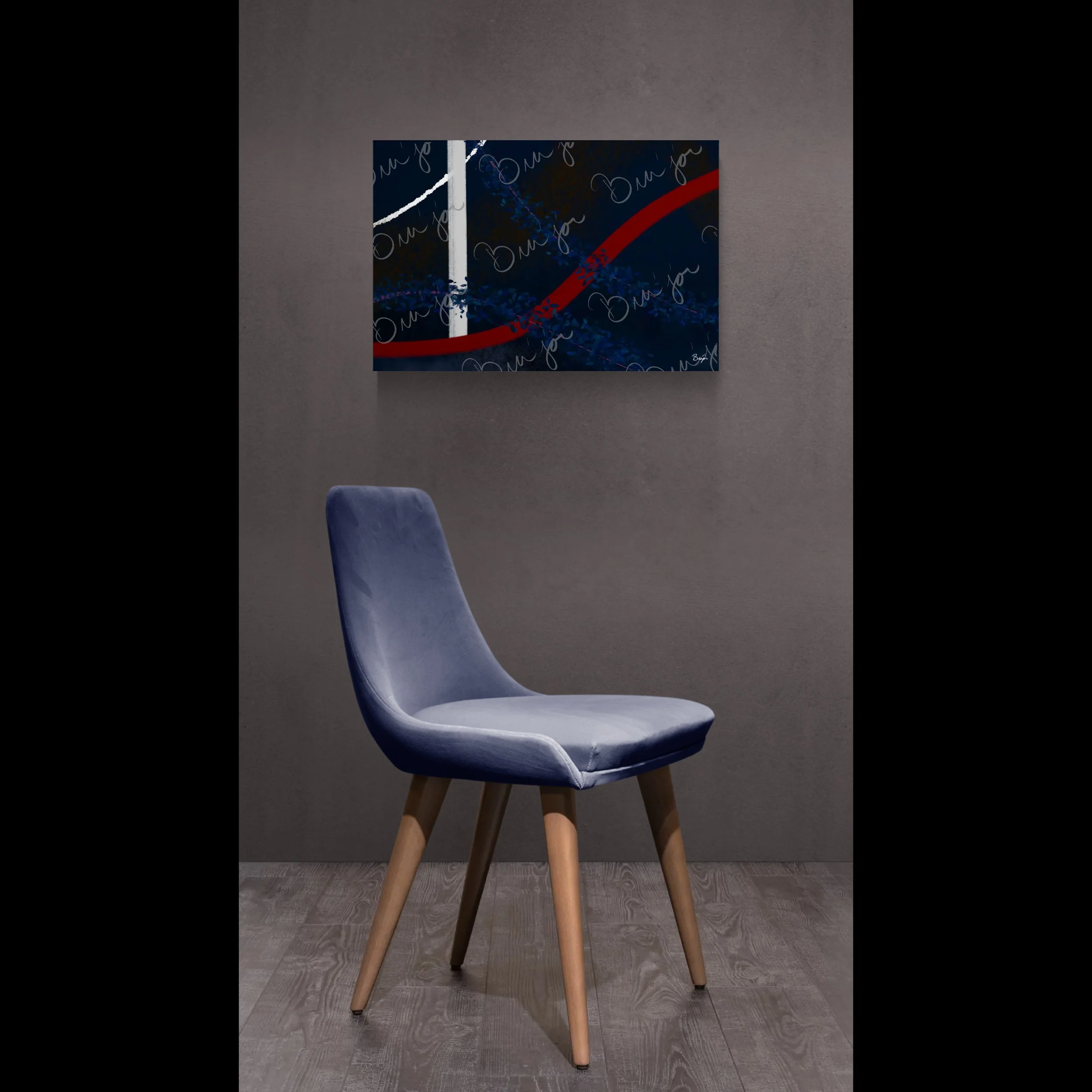 Canvas abstract artwork titled Gloomy II designed by the digital abstract artist Bra'jor. Artwork includes the colors Blue, Red, White, Pink, and Black