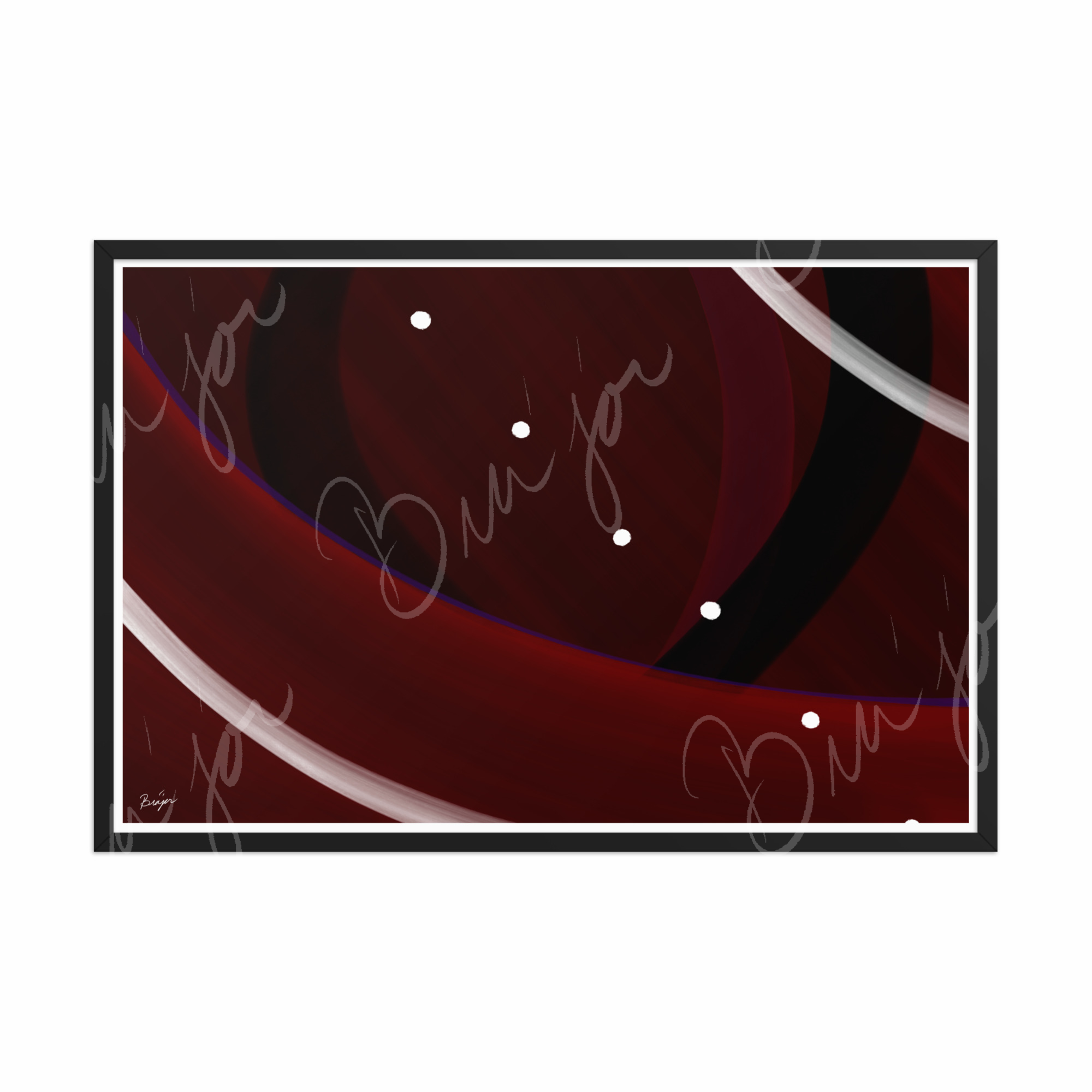24x36 Black Framed Abstract artwork titled Trail Back designed by the digital abstract artist Bra'jor. Artwork includes the colors Red, Black, Purple, and White