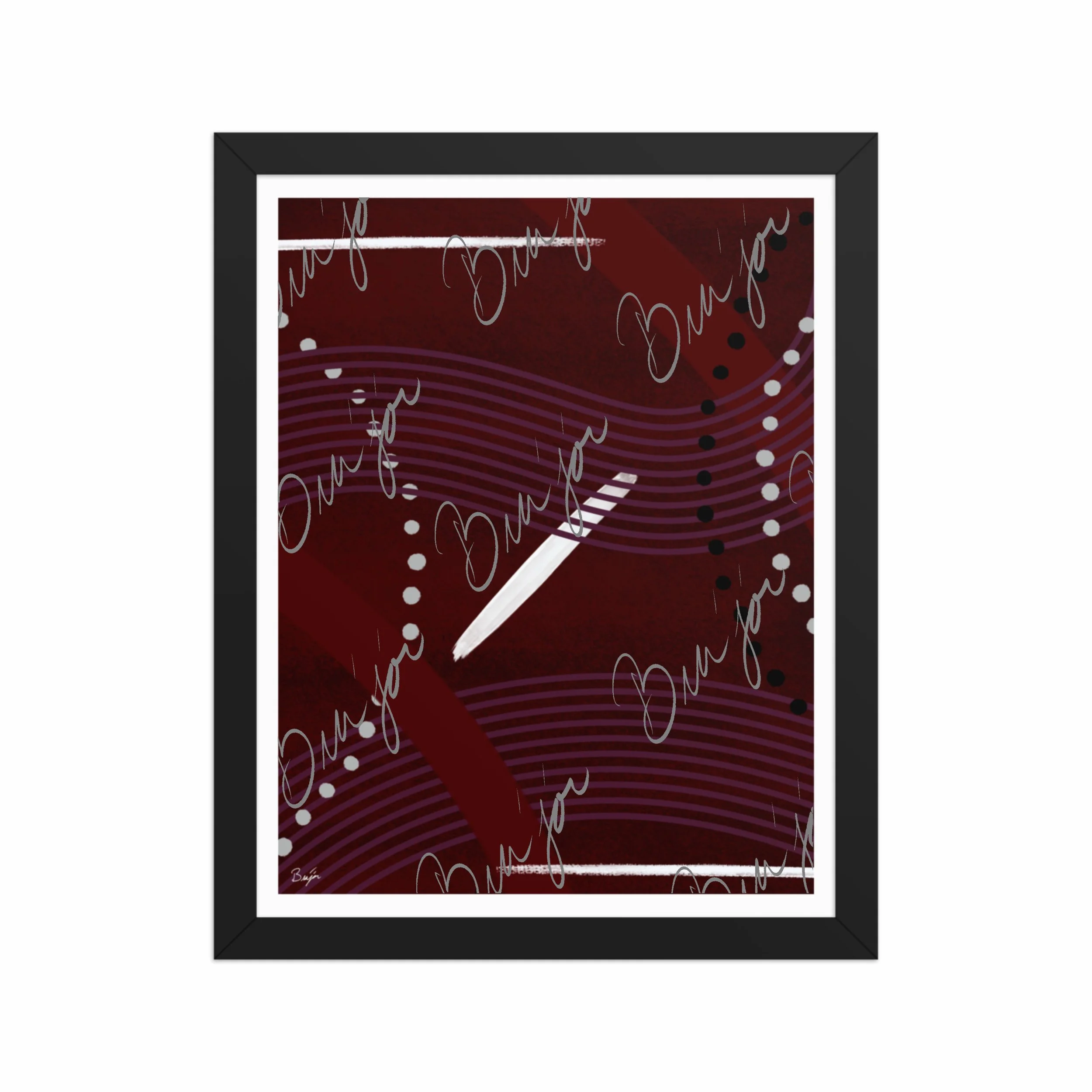 11x14 Black Framed Abstract artwork titled Memories designed by the digital abstract artist Bra'jor. Artwork includes the colors Black, White, Maroon, Purple, and Gray