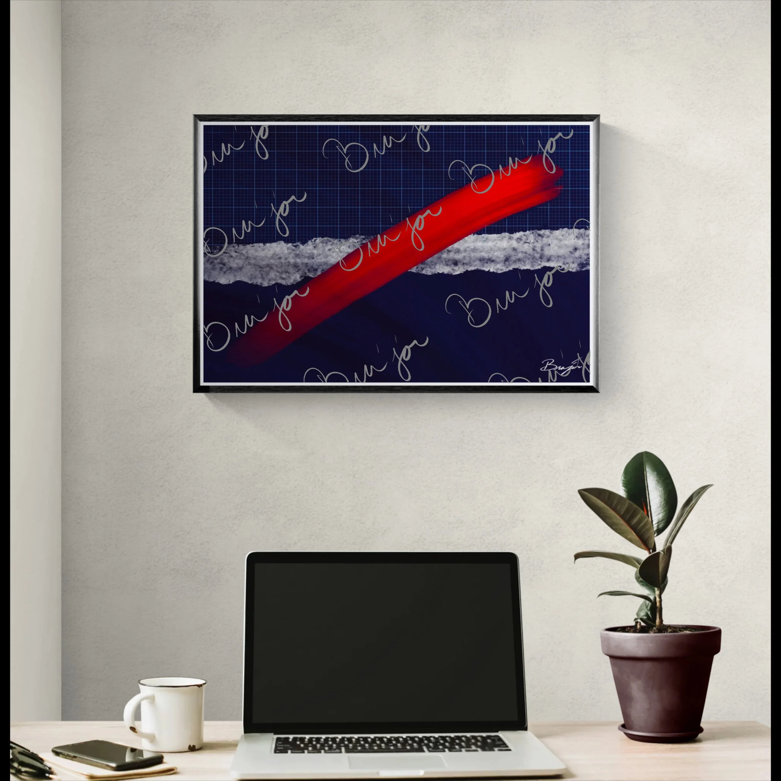 Framed abstract artwork titled Strike designed by the digital abstract artist Bra'jor. Artwork includes the colors Red, Blue, white, and Gray