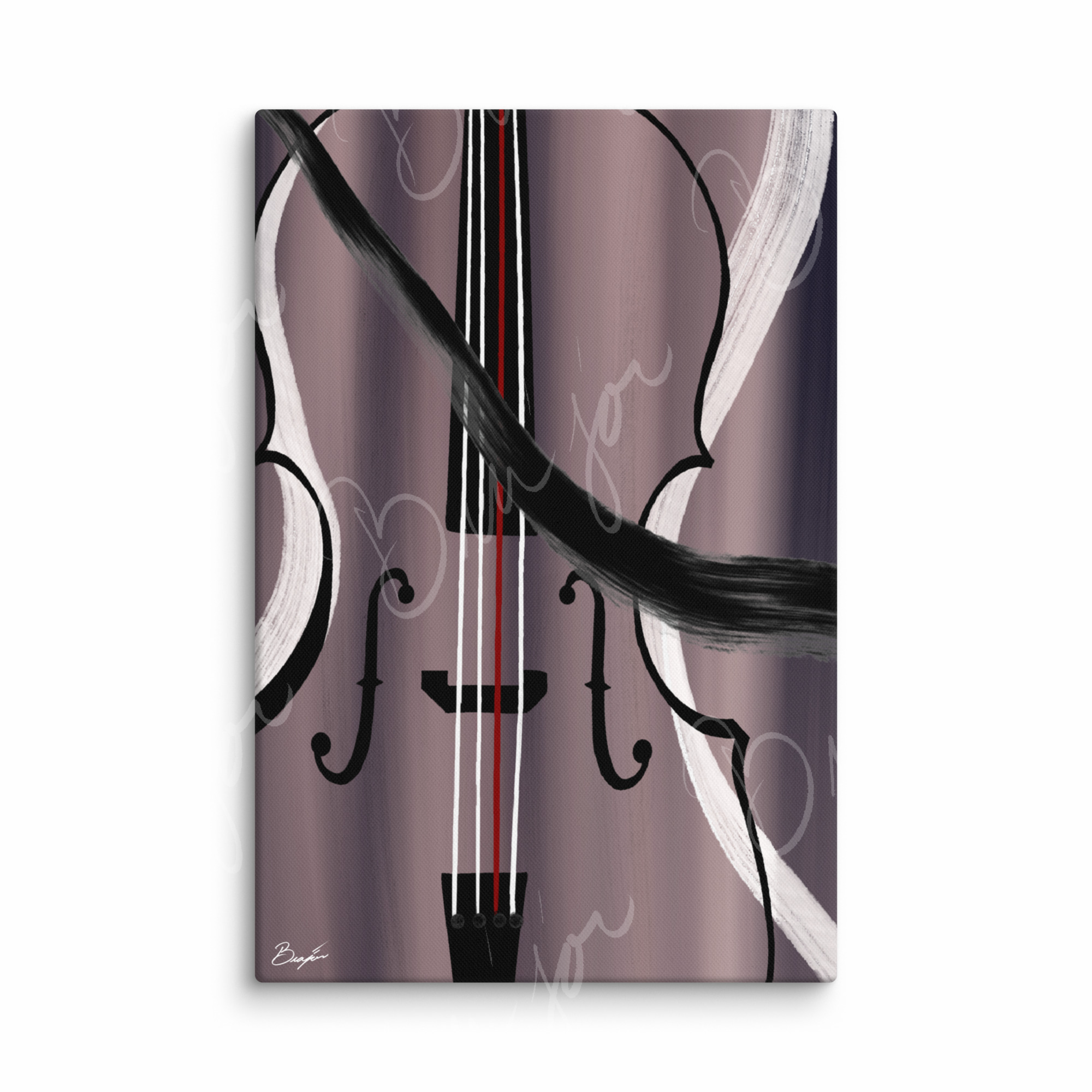 24x36 Canvas Abstract artwork titled First Love designed by the digital abstract artist Bra'jor. Artwork includes the colors Black, White, Gray, violet, Mauve, and Red