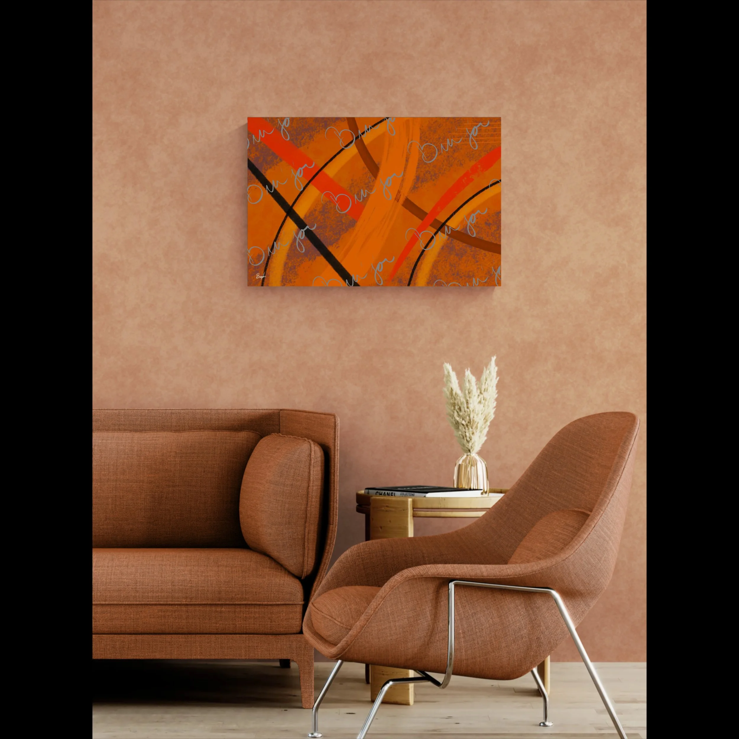 Canvas Abstract artwork titled Challenges designed by the digital abstract artist Bra'jor. Artwork includes the colors Orange, Brown, Blue, and Black