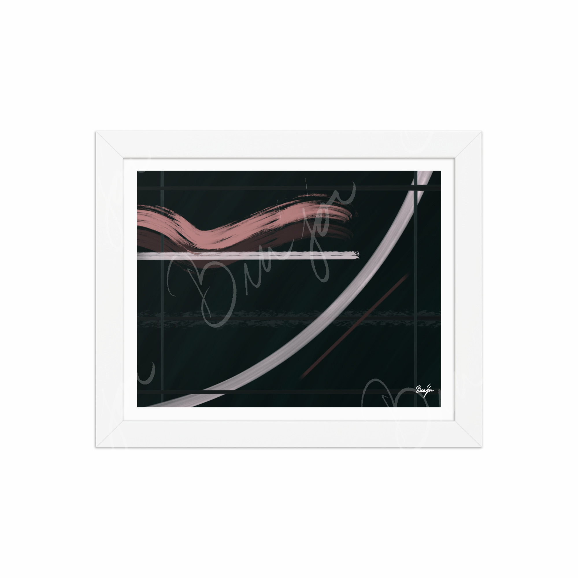 8x10 White Framed Abstract artwork titled Together designed by the digital abstract artist Bra'jor. Artwork includes the colors Brown, Pink, Green, and White