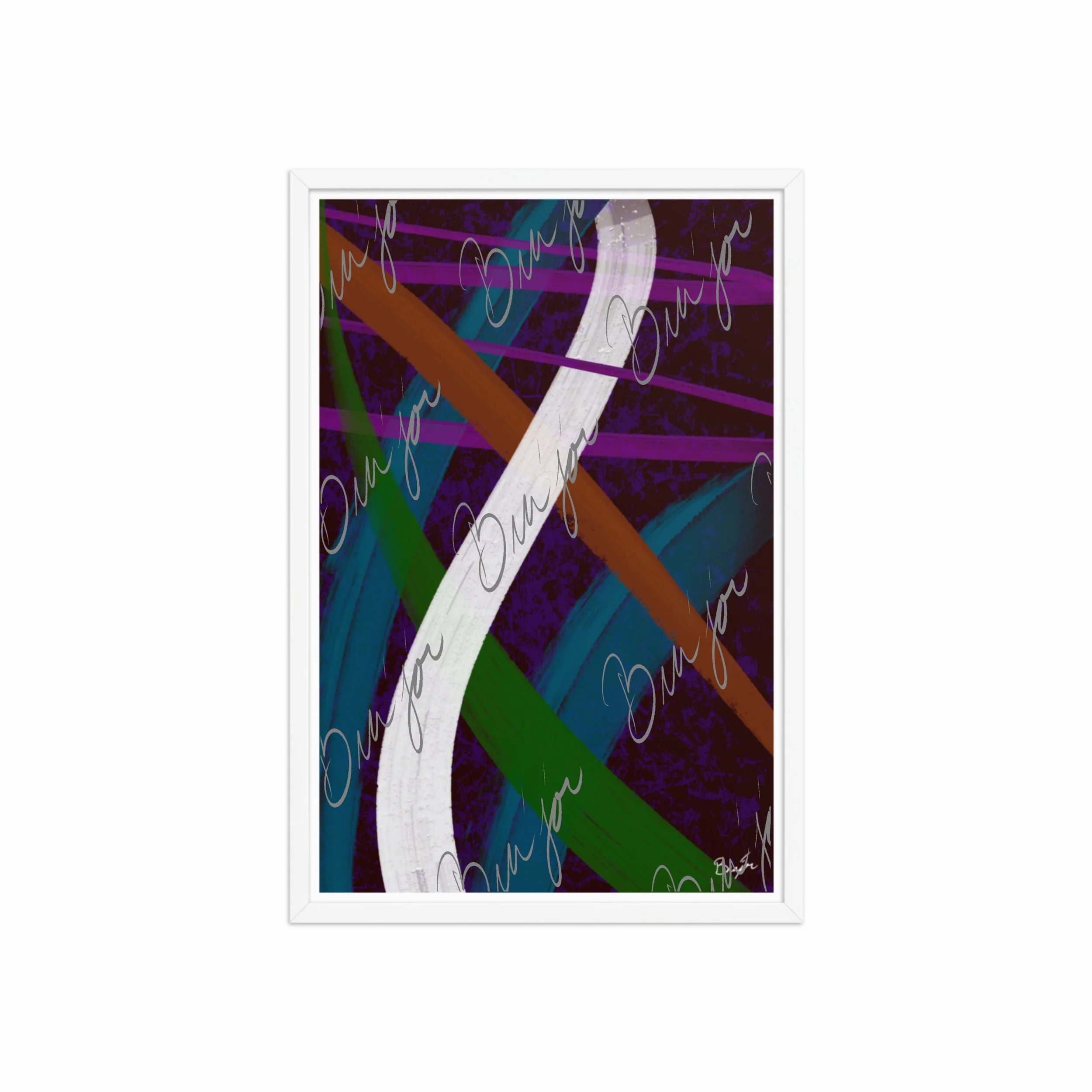 20x30 White Framed Abstract artwork titled Adventures designed by the digital abstract artist Bra'jor. Artwork includes the colors Purple, Blue, Orange, and White