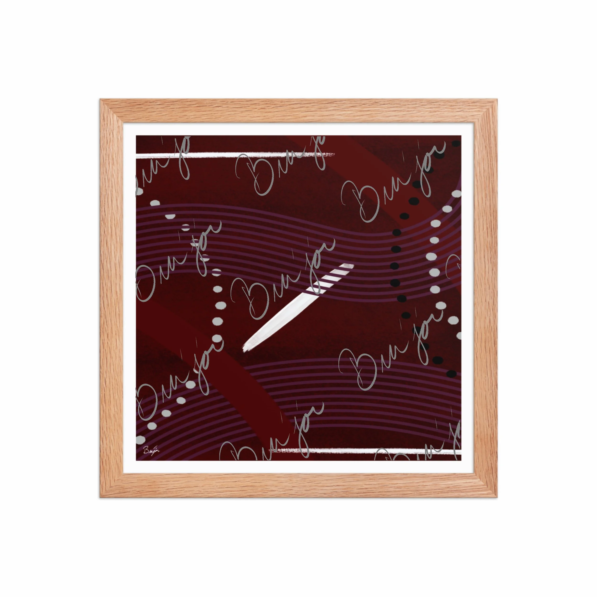 12x12 Red Oak Framed Abstract artwork titled Memories designed by the digital abstract artist Bra'jor. Artwork includes the colors Black, White, Maroon, Purple, and Gray