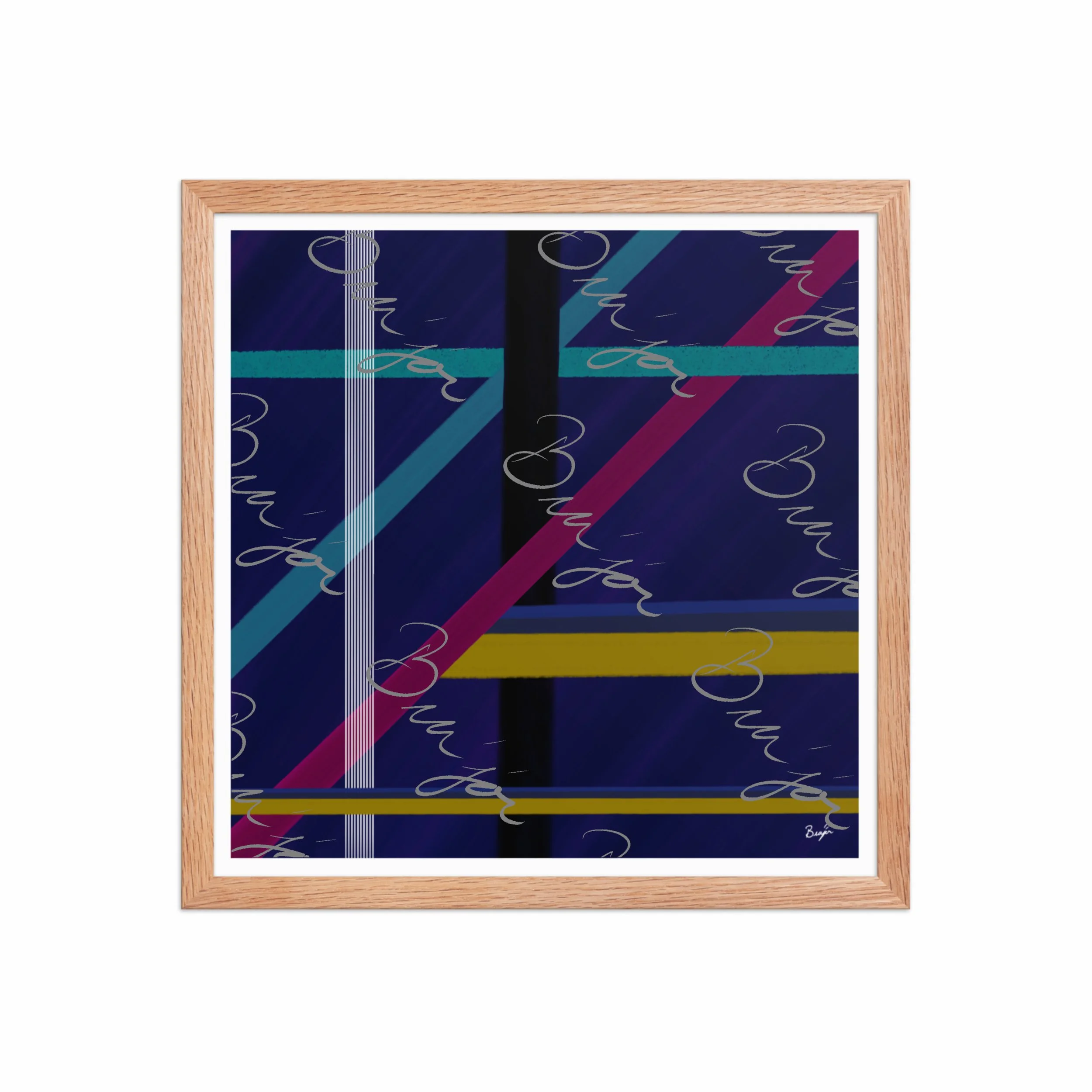 16x16 Red Oak Framed Abstract artwork titled Destinations designed by the digital abstract artist Bra'jor. Artwork includes the colors Black, Blue, Yellow, Pink, and White