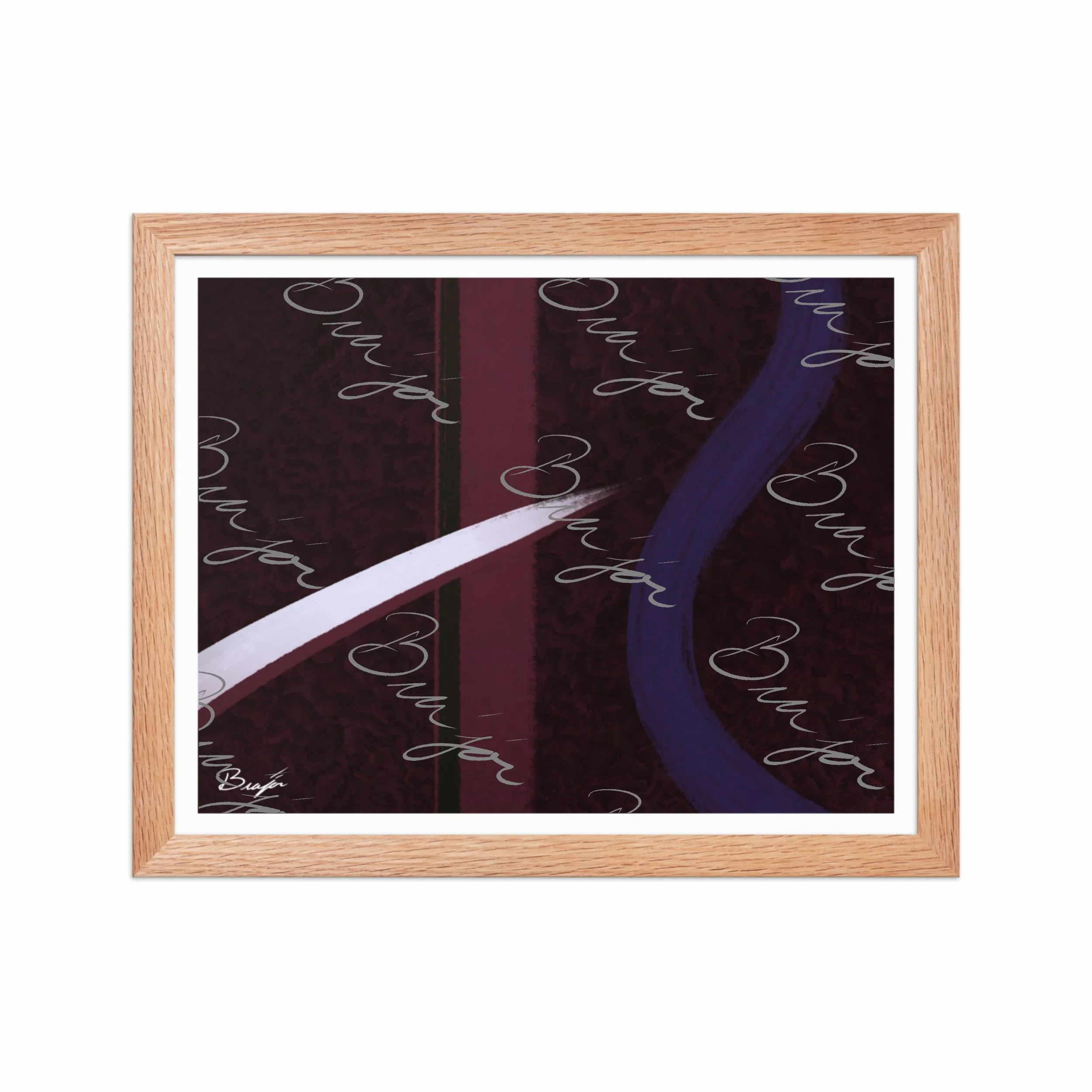 11x14 Red Oak Framed abstract artwork titled The Walk designed by the digital abstract artist Bra'jor. Artwork includes the colors Maroon, Black, Purple, and White