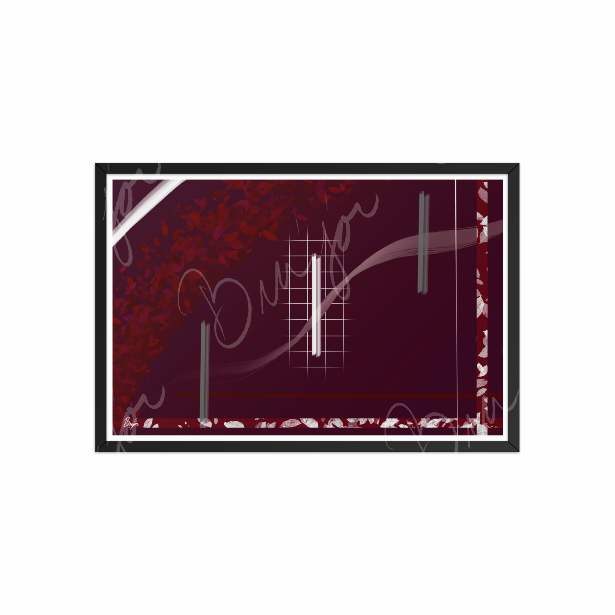 20x30 Black Framed Abstract artwork titled Shine designed by the digital abstract artist Bra'jor. Artwork includes the colors Red, Gray, Maroon, White, and Soft Pink