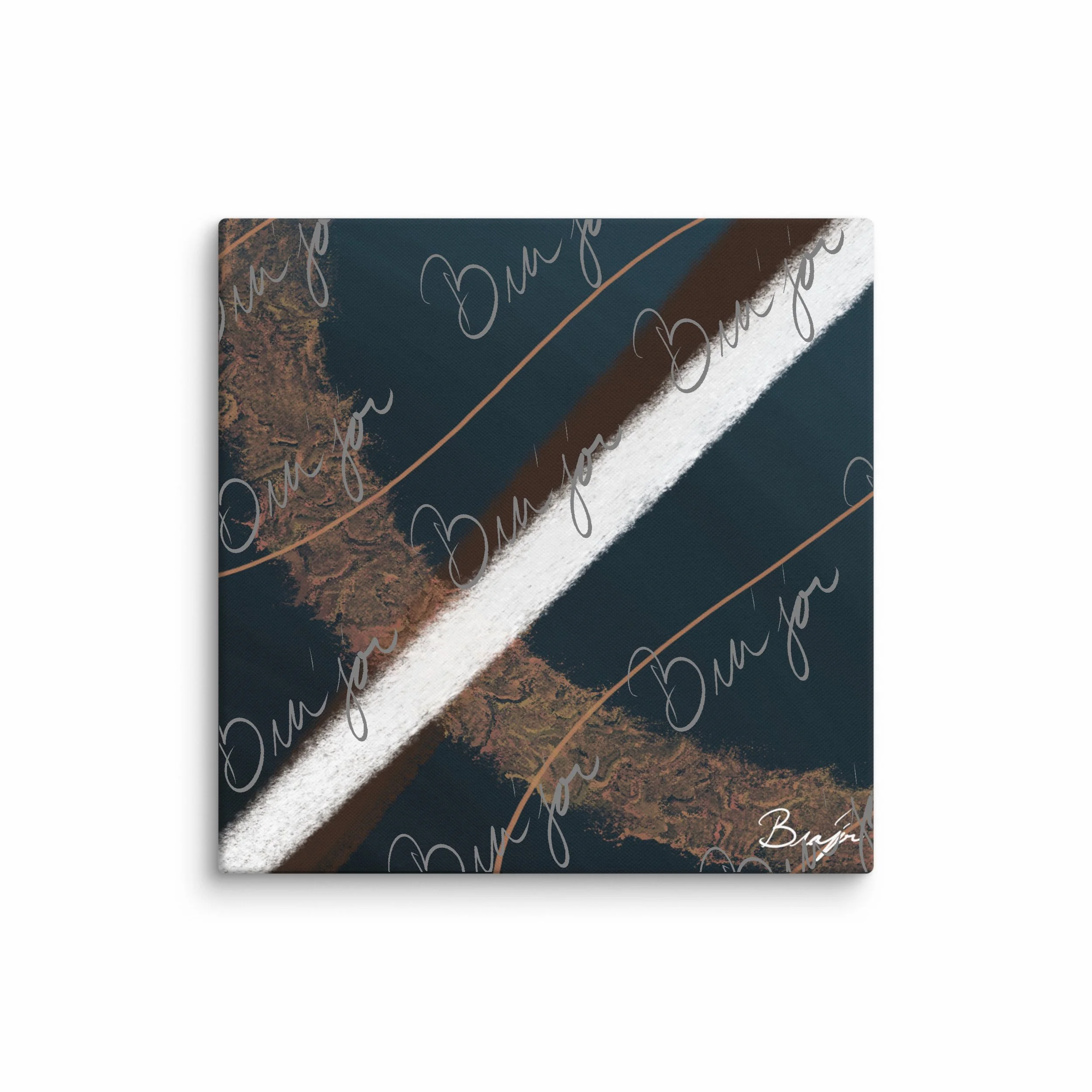 37x37 Abstract canvas artwork titled Down designed by the digital abstract artist Bra'jor. Artwork includes the colors Blue, Brown, White, Tan, and Gray