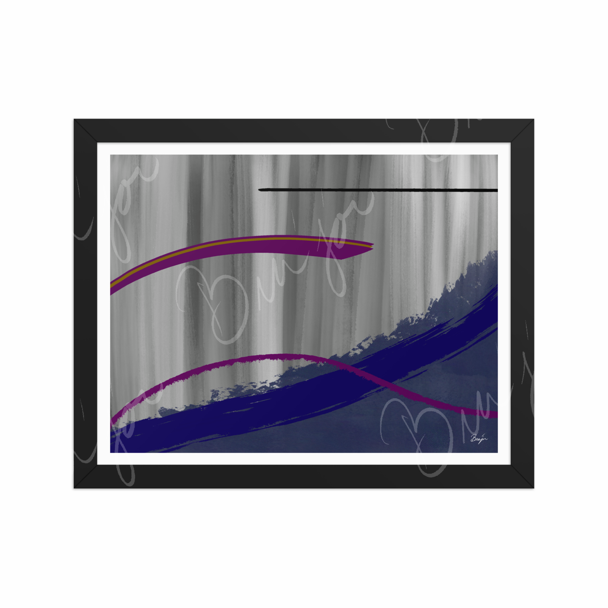 11x14 Black Framed Abstract artwork titled Reworking designed by the digital abstract artist Bra'jor. Artwork includes the colors Purple, Gray, Blue, Mustard Yellow, and Black