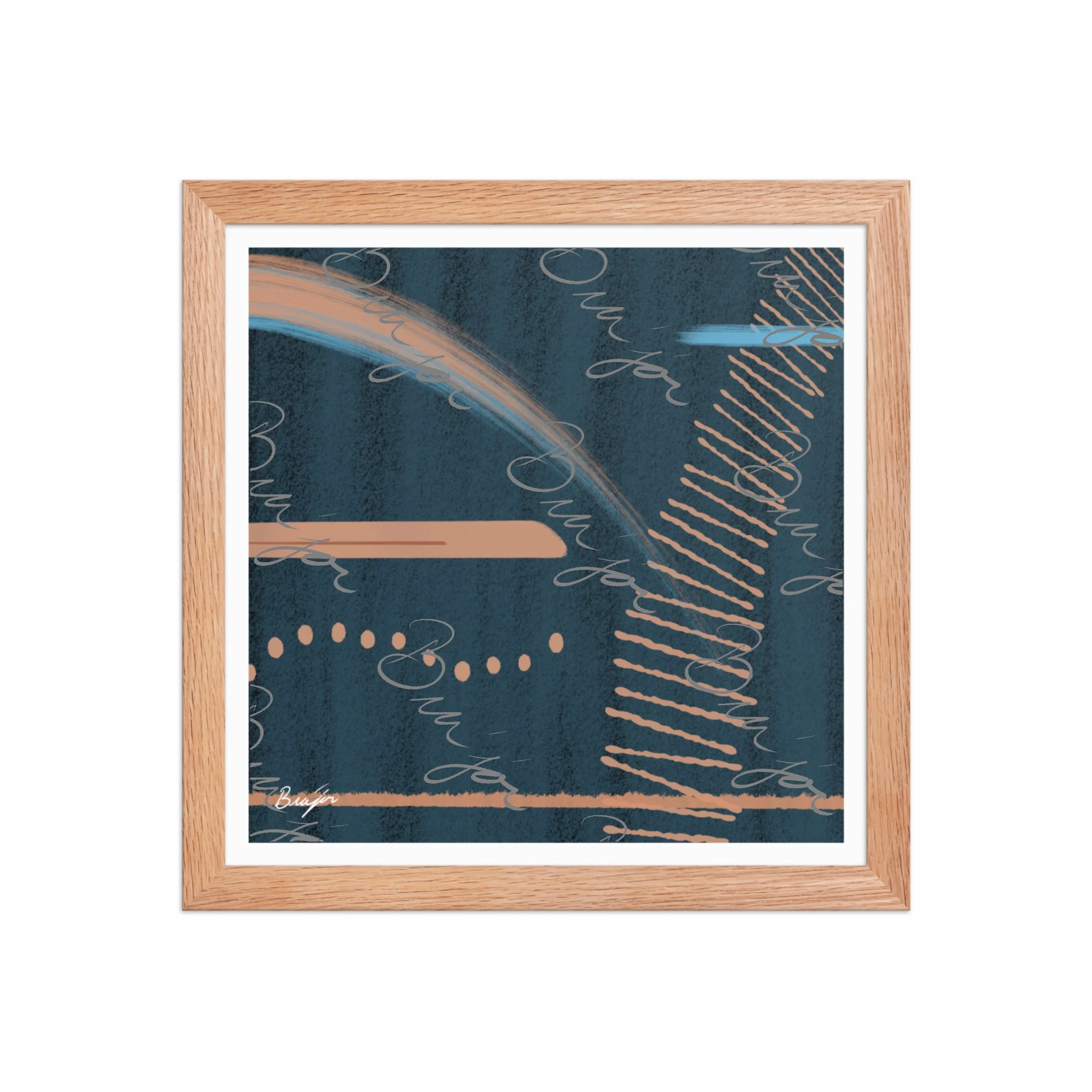 12x12 Red Oak Framed abstract artwork titled Effort designed by the digital abstract artist Bra'jor. Artwork includes the colors Black, Blue, Brown, and Tan