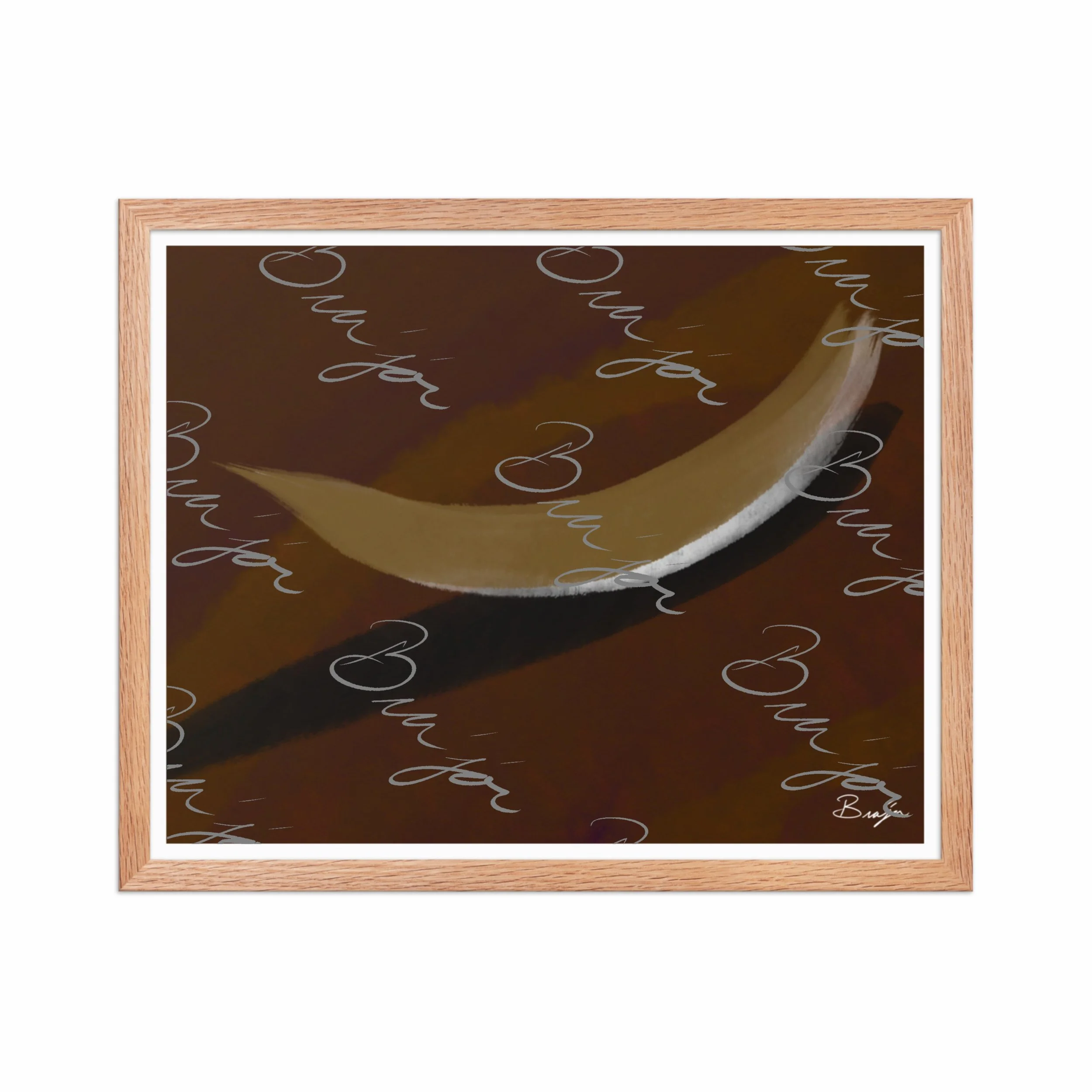 16x20 Red Oak Framed abstract artwork titled Always There designed by the digital abstract artist Bra'jor. Artwork includes the colors Brown, Tan, White, and Black with a Purple undertone