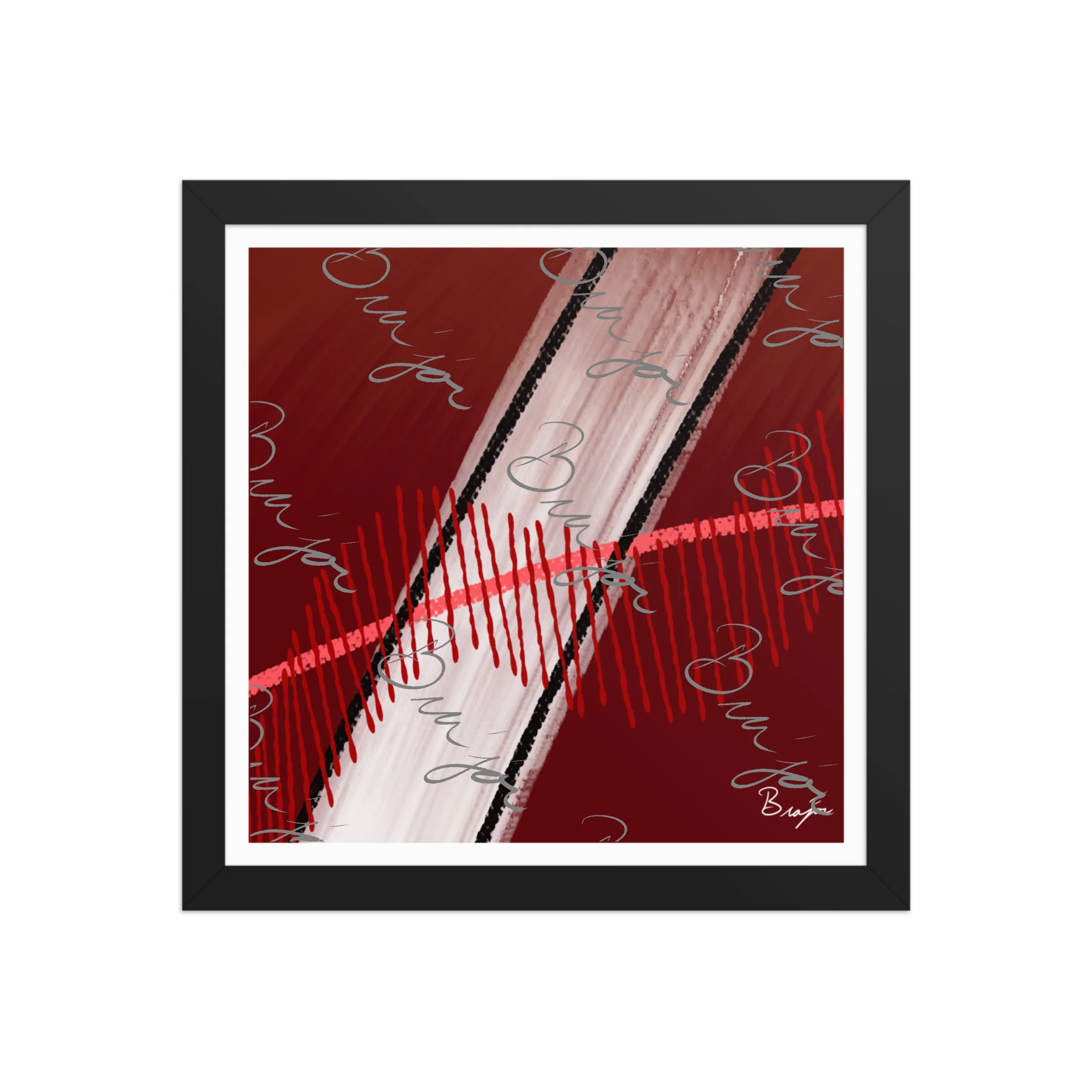 12x12 Black Framed abstract artwork titled Confined designed by the digital abstract artist Bra'jor. Artwork includes the colors Red, Pink, Black, Maroon, and White