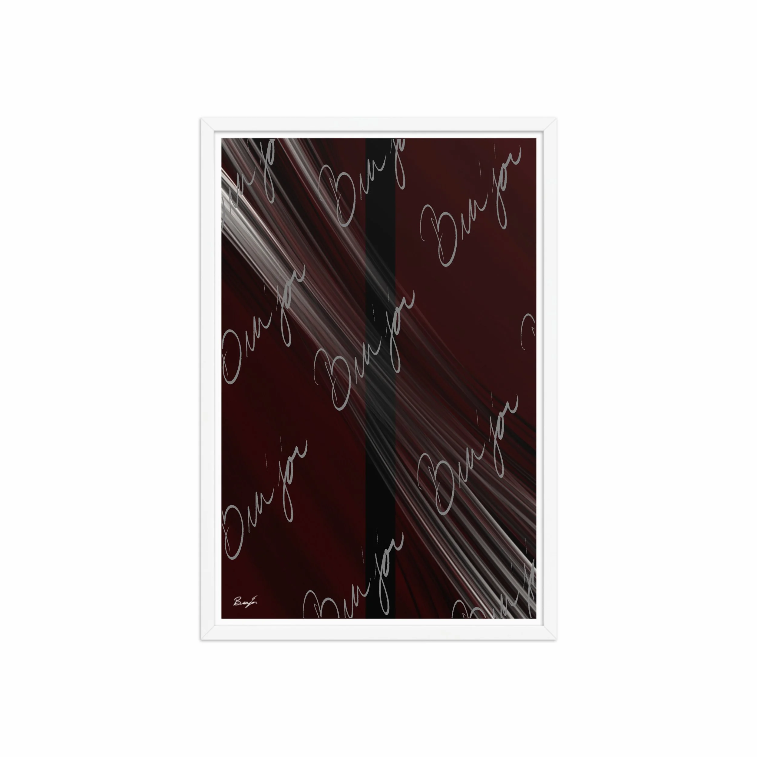 20x30 White Framed abstract artwork titled Still Standing designed by the digital abstract artist Bra'jor. Artwork includes the colors Maroon, Red, Black, and White