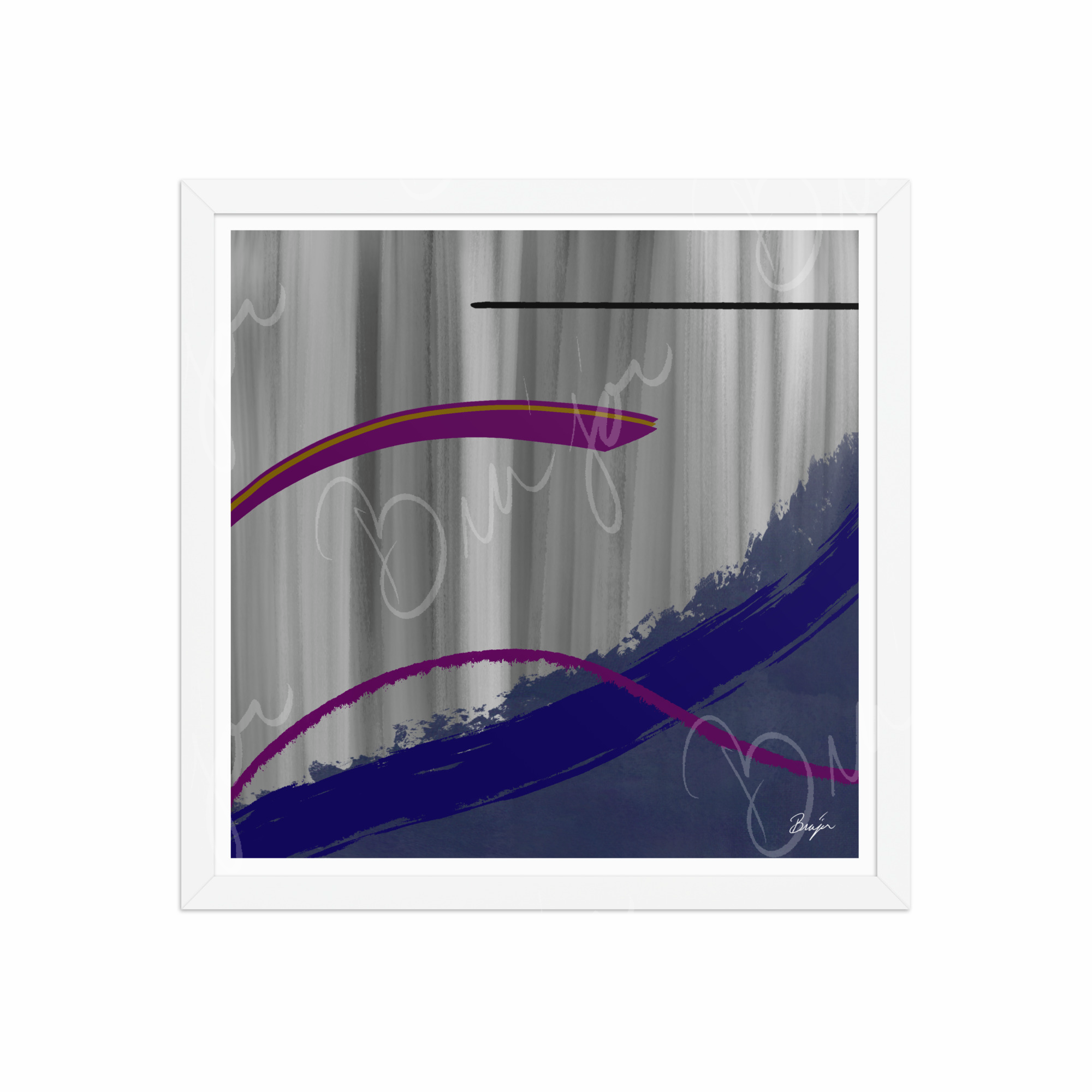 16x16 White Framed Abstract artwork titled Reworking designed by the digital abstract artist Bra'jor. Artwork includes the colors Purple, Gray, Blue, Mustard Yellow, and Black