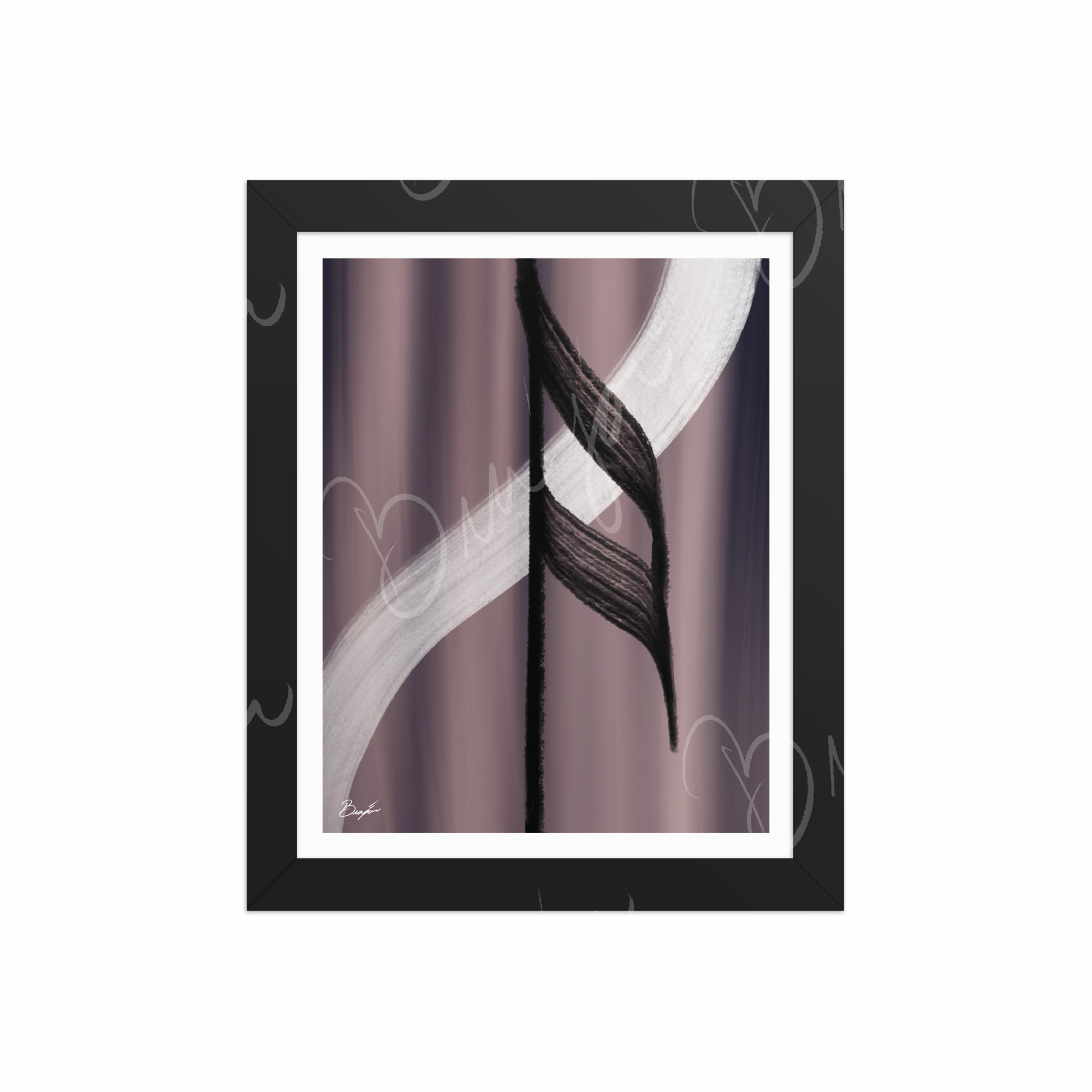 8x10 Black Framed Abstract artwork titled A Beat designed by the digital abstract artist Bra'jor. Artwork includes the colors Black, White, Gray, violet, and Mauve