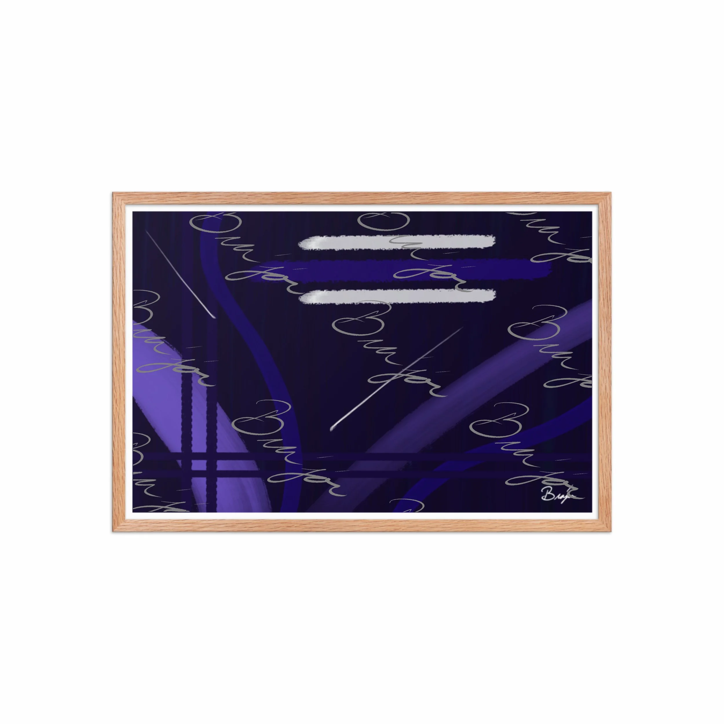 20x30 Red Oak Framed Abstract artwork titled Beneath designed by the digital abstract artist Bra'jor. Artwork includes the colors Blue, White, Purple, and Navy