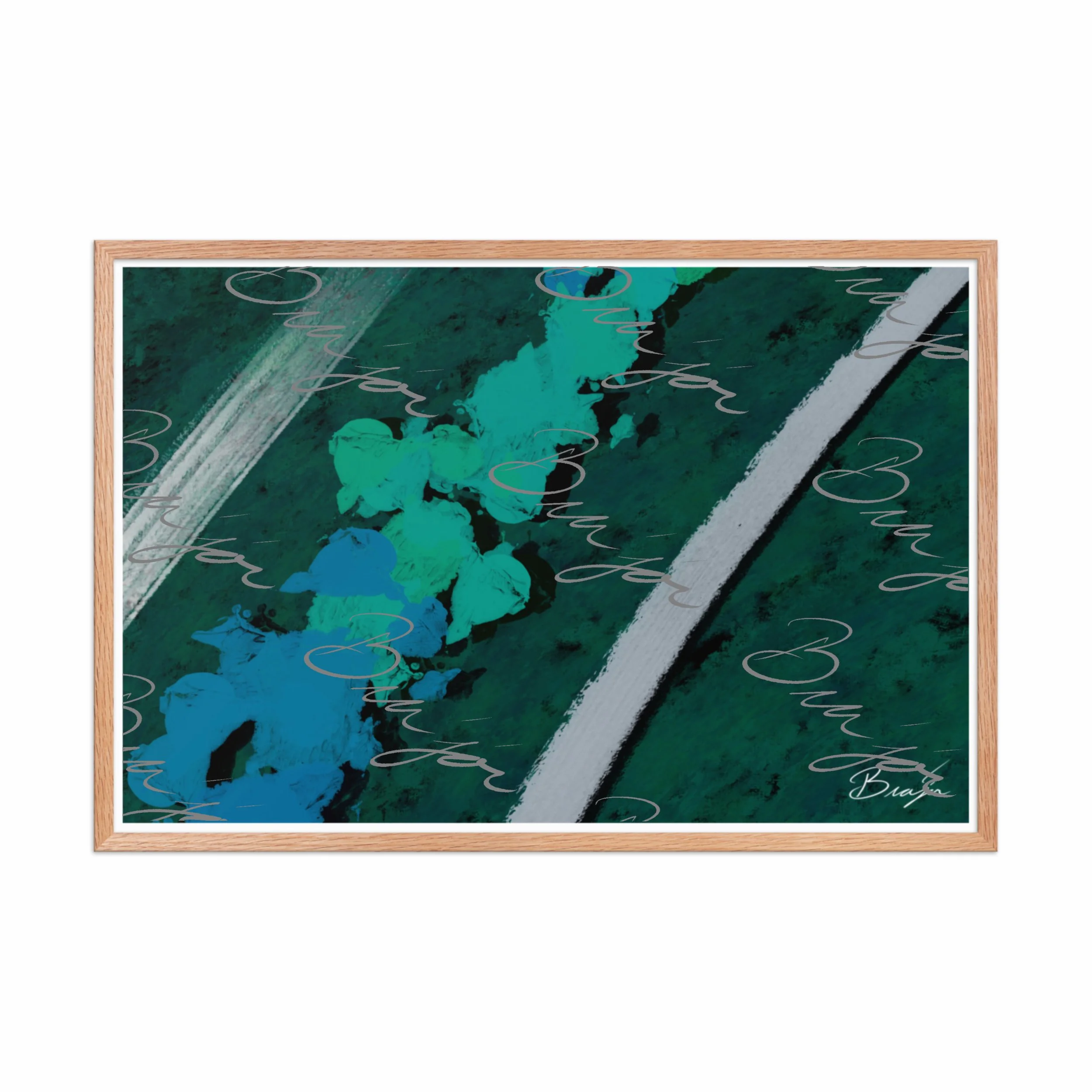 24x36 Red Oak Framed abstract artwork titled Breathe designed by the digital abstract artist Bra'jor. Artwork includes the colors Green, Blue, Black, and White
