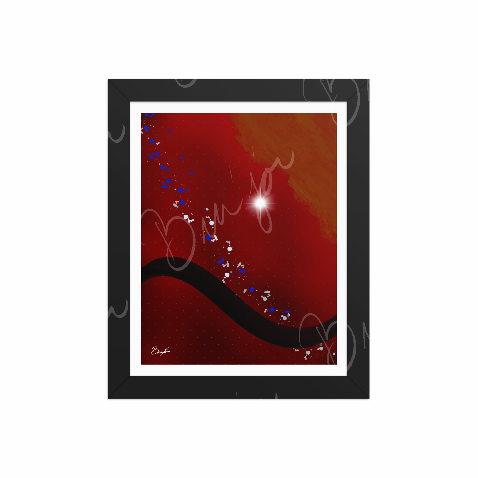 8x10 Black Framed Abstract artwork titled Take Your Place designed by the digital abstract artist Bra'jor. Artwork includes the colors Red, Yellow, Orange, Black, Gray, and White