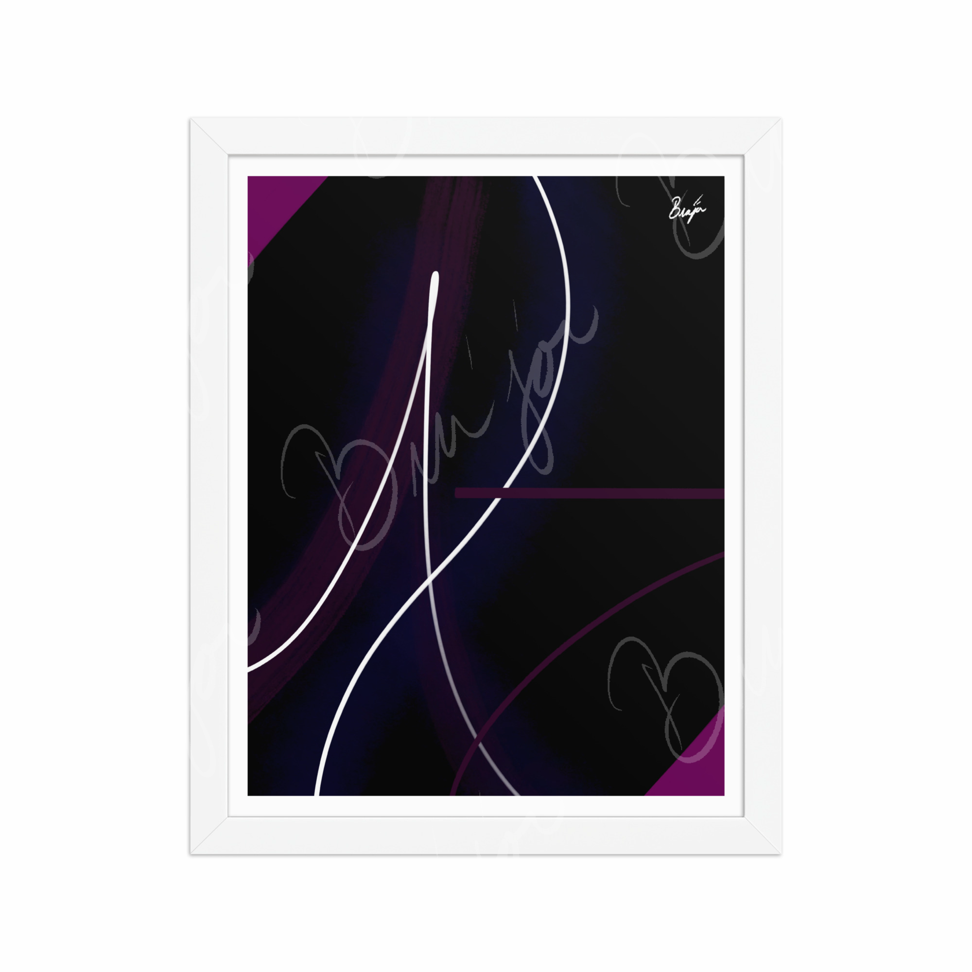 11x14 White Framed Abstract artwork titled Poised designed by the digital abstract artist Bra'jor. Artwork includes the colors Purple, Pink, Blue, and White