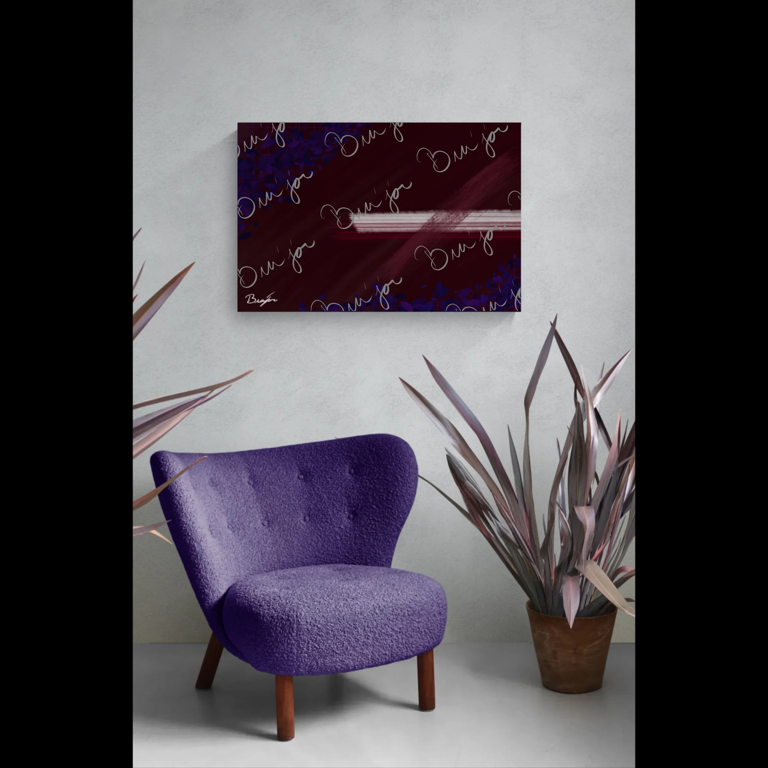 Abstract canvas artwork titled Guarded designed by the digital abstract artist Bra'jor. Artwork includes the colors Maroon, Black, Blue, and White