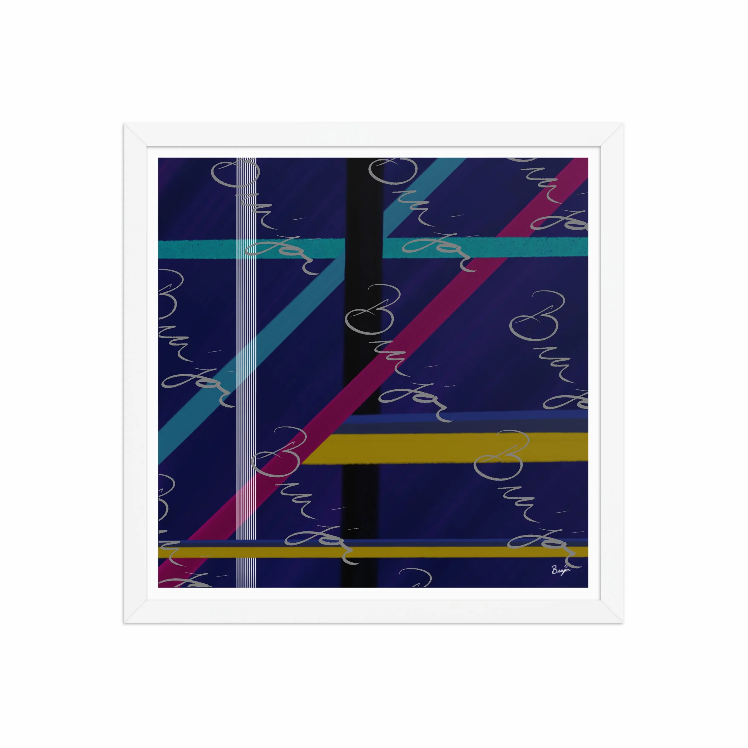 16x16 White Framed Abstract artwork titled Destinations designed by the digital abstract artist Bra'jor. Artwork includes the colors Black, Blue, Yellow, Pink, and White