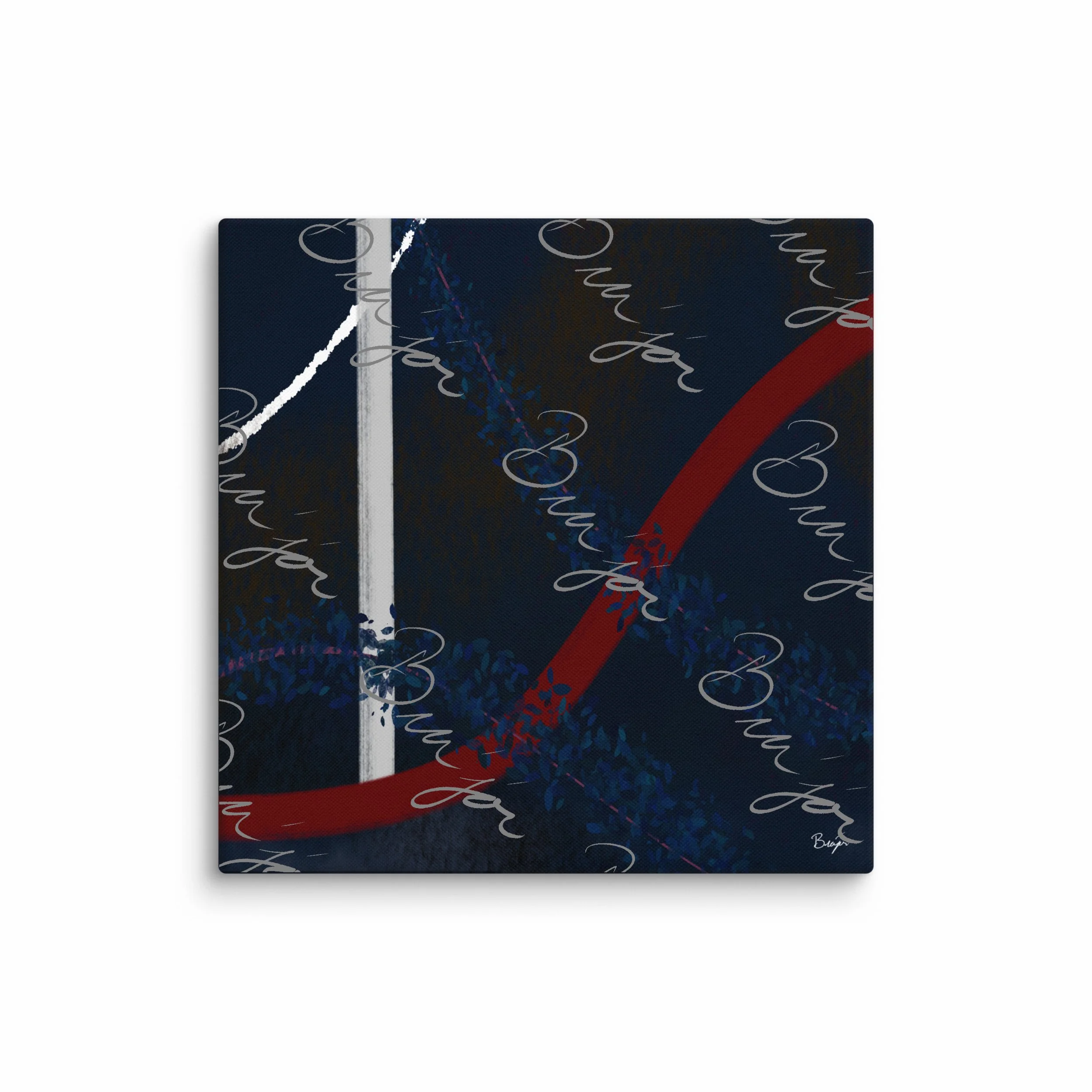 32x32 XL Canvas Abstract artwork titled Gloomy II designed by the digital abstract artist Bra'jor. Artwork includes the colors Blue, Red, White, Pink, and Black