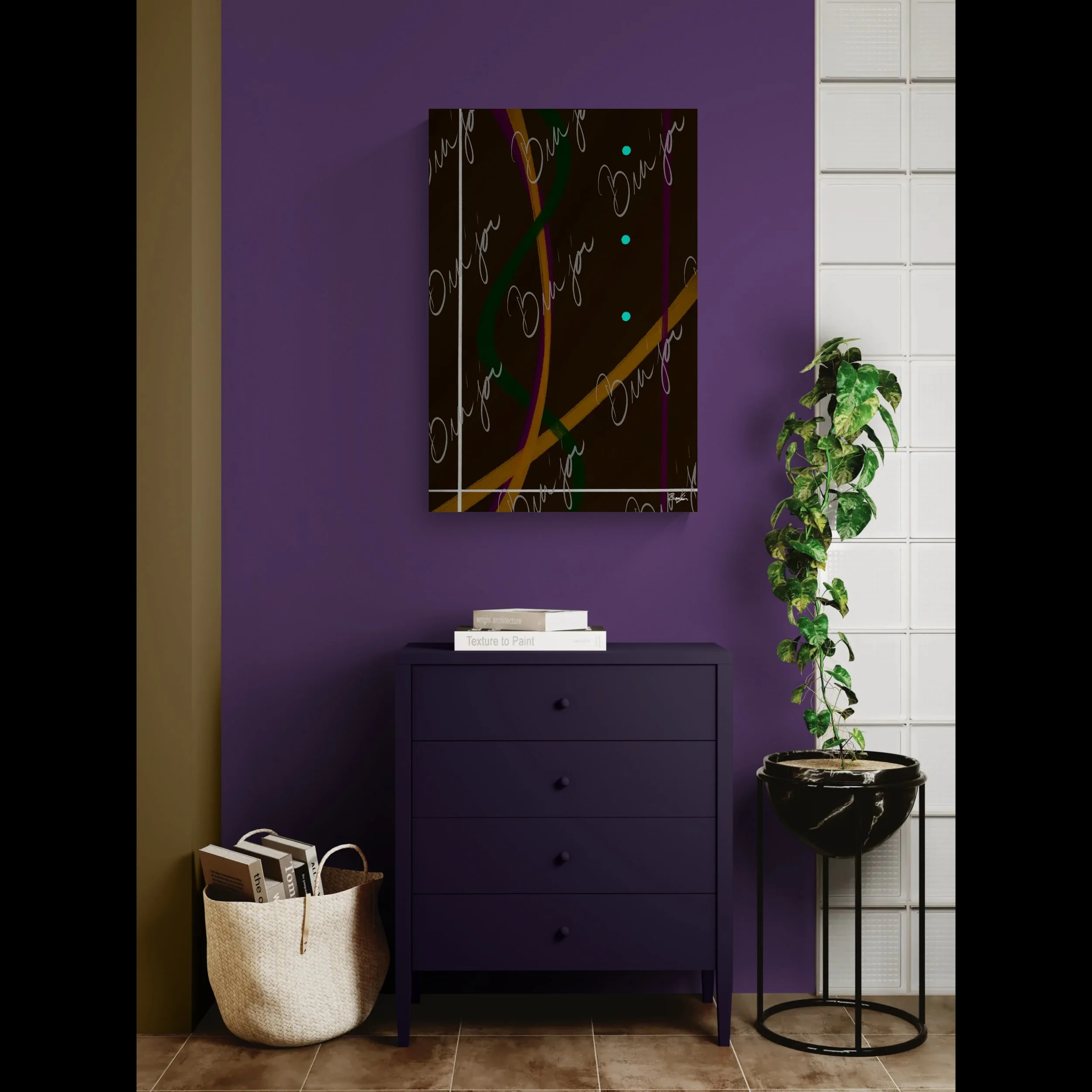 Abstract artwork titled Button Up designed by the digital abstract artist Bra'jor. Artwork includes the colors Orange, Purple, Green, White, and Brown