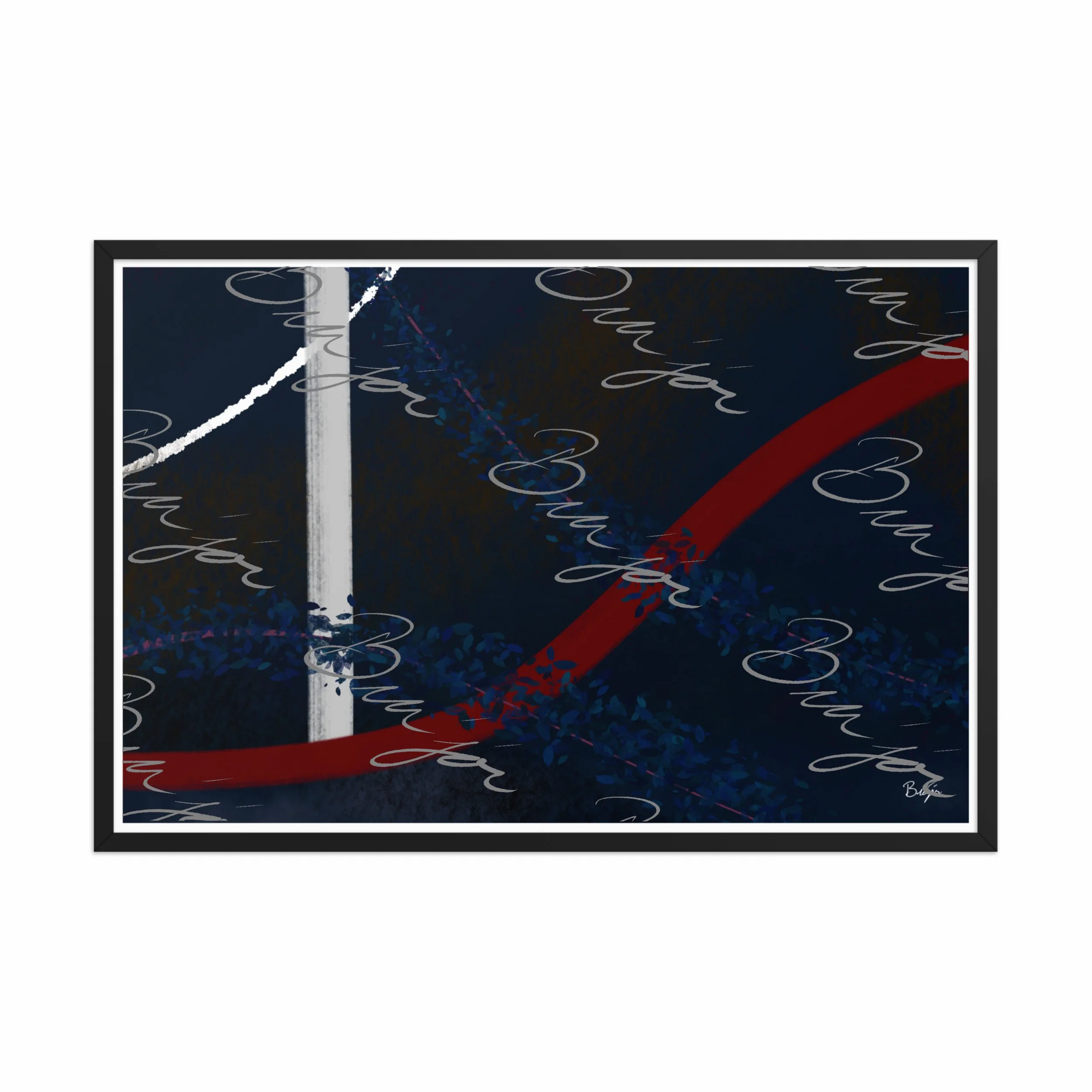 24x36 Black Framed abstract artwork titled Gloomy II designed by the digital abstract artist Bra'jor. Artwork includes the colors Blue, Red, White, Pink, and Black