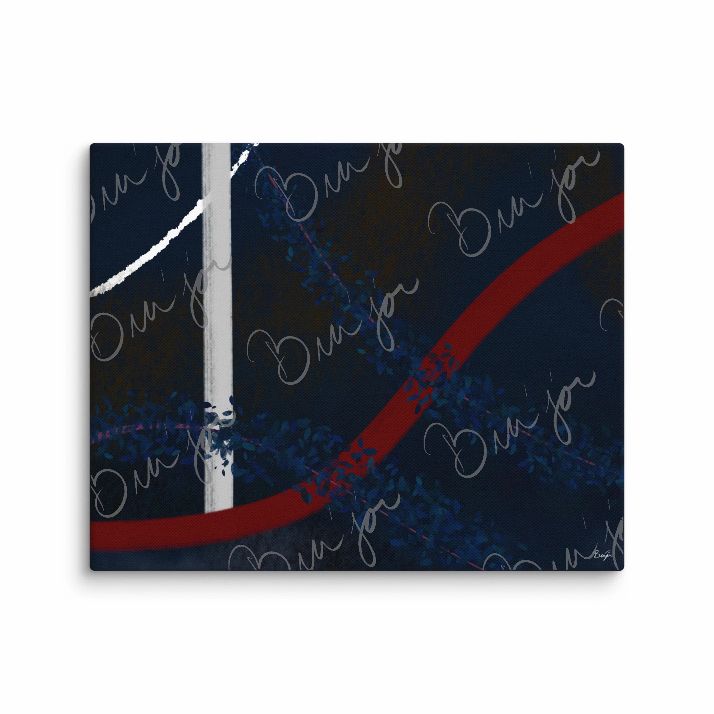 8x10 Canvas abstract artwork titled Gloomy II designed by the digital abstract artist Bra'jor. Artwork includes the colors Blue, Red, White, Pink, and Black