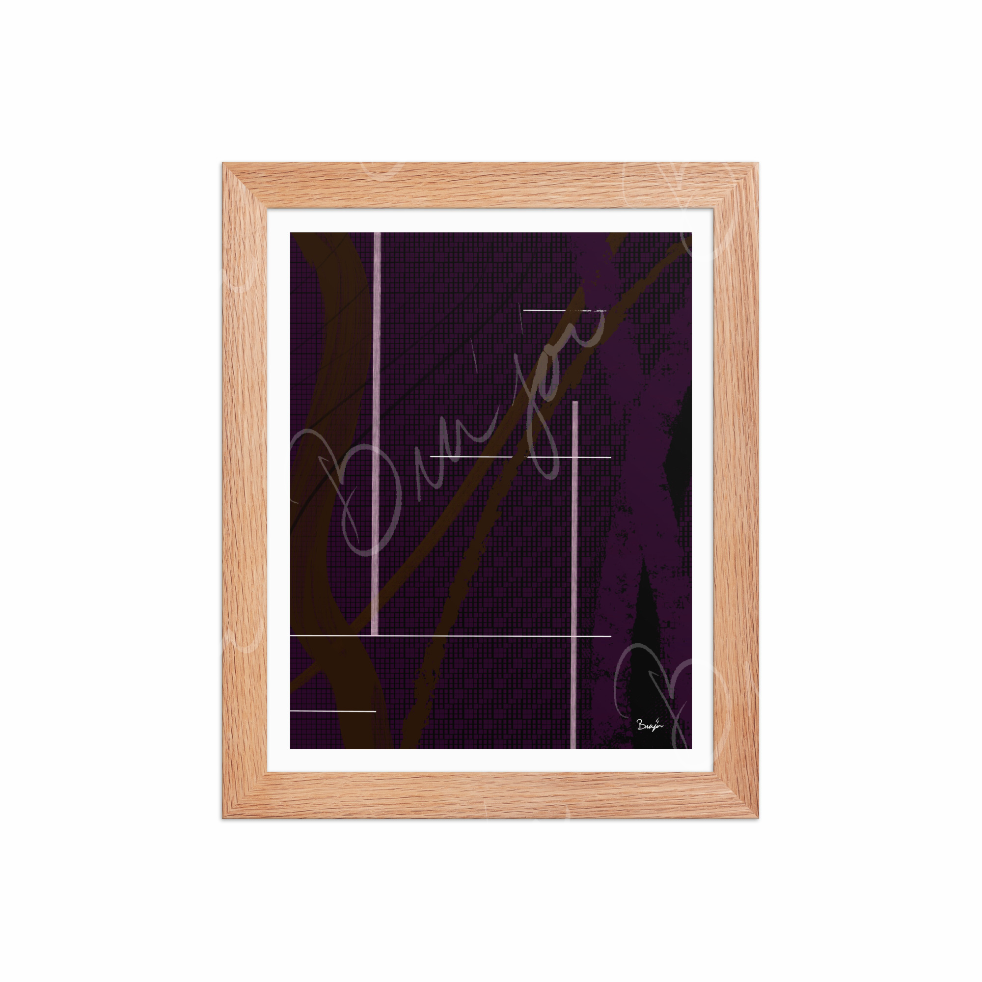 8x10 Red Oak Framed Abstract artwork titled Out of the Box designed by the digital abstract artist Bra'jor. Artwork includes the colors Purple, Brown, Black, and White