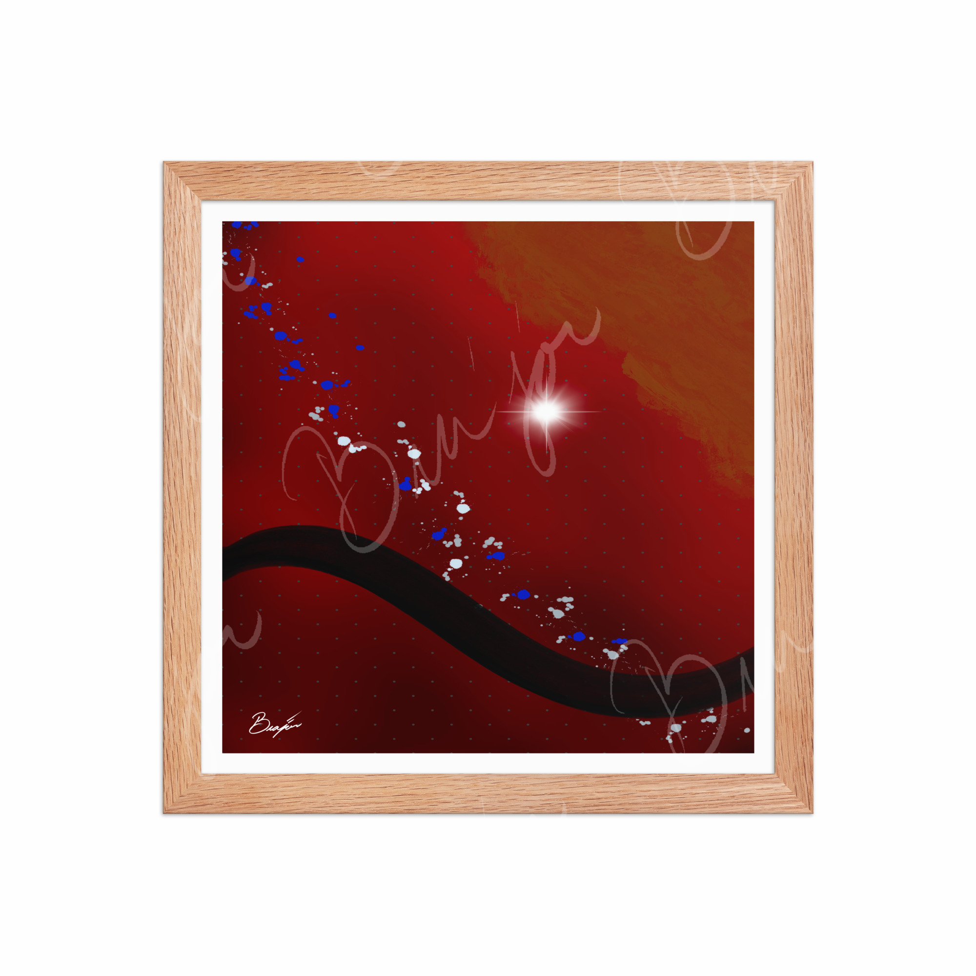 12x12 Red Oak Framed Abstract artwork titled Take Your Place designed by the digital abstract artist Bra'jor. Artwork includes the colors Red, Yellow, Orange, Black, Gray, and White