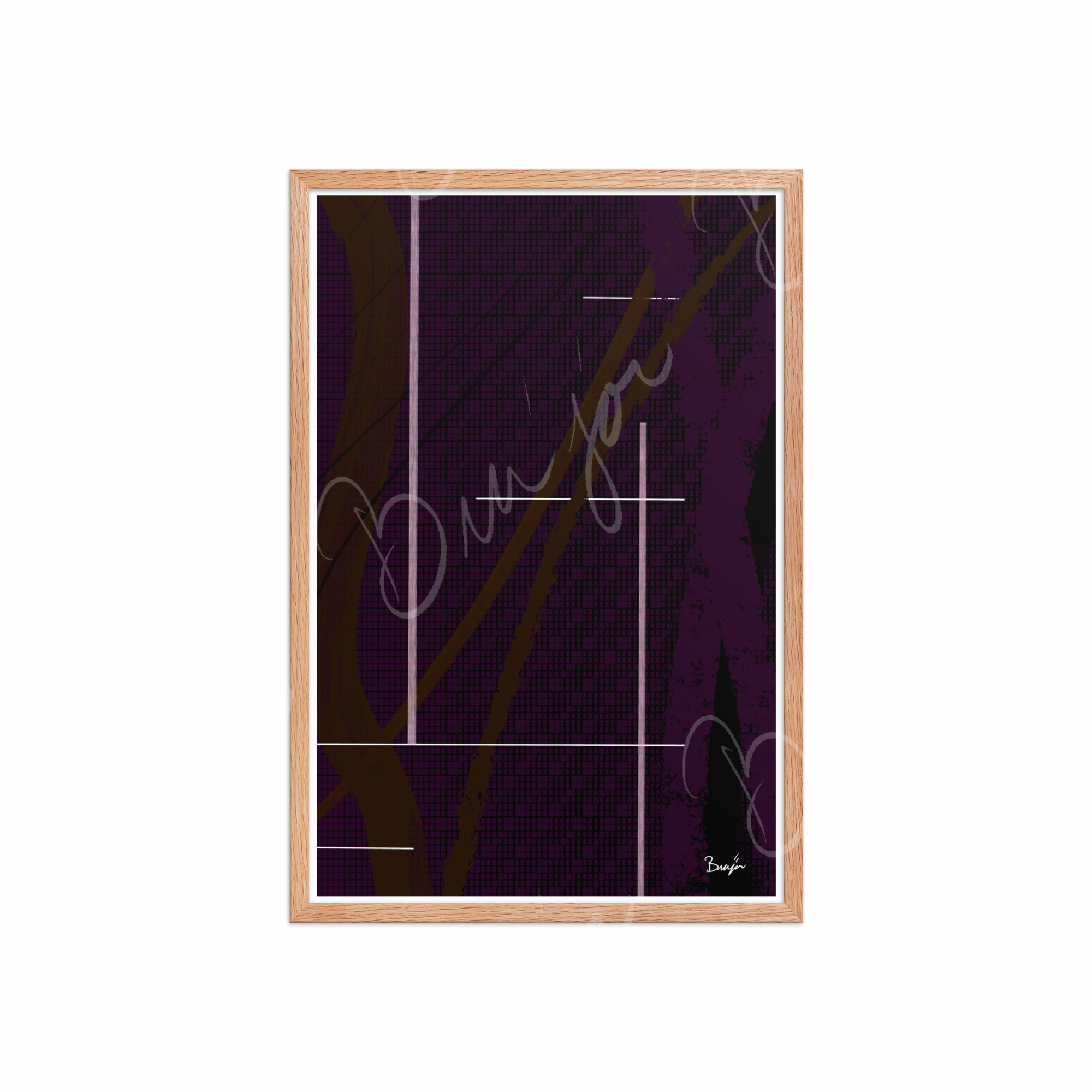 20x30  Red Oak Framed Abstract artwork titled Out of the Box designed by the digital abstract artist Bra'jor. Artwork includes the colors Purple, Brown, Black, and White