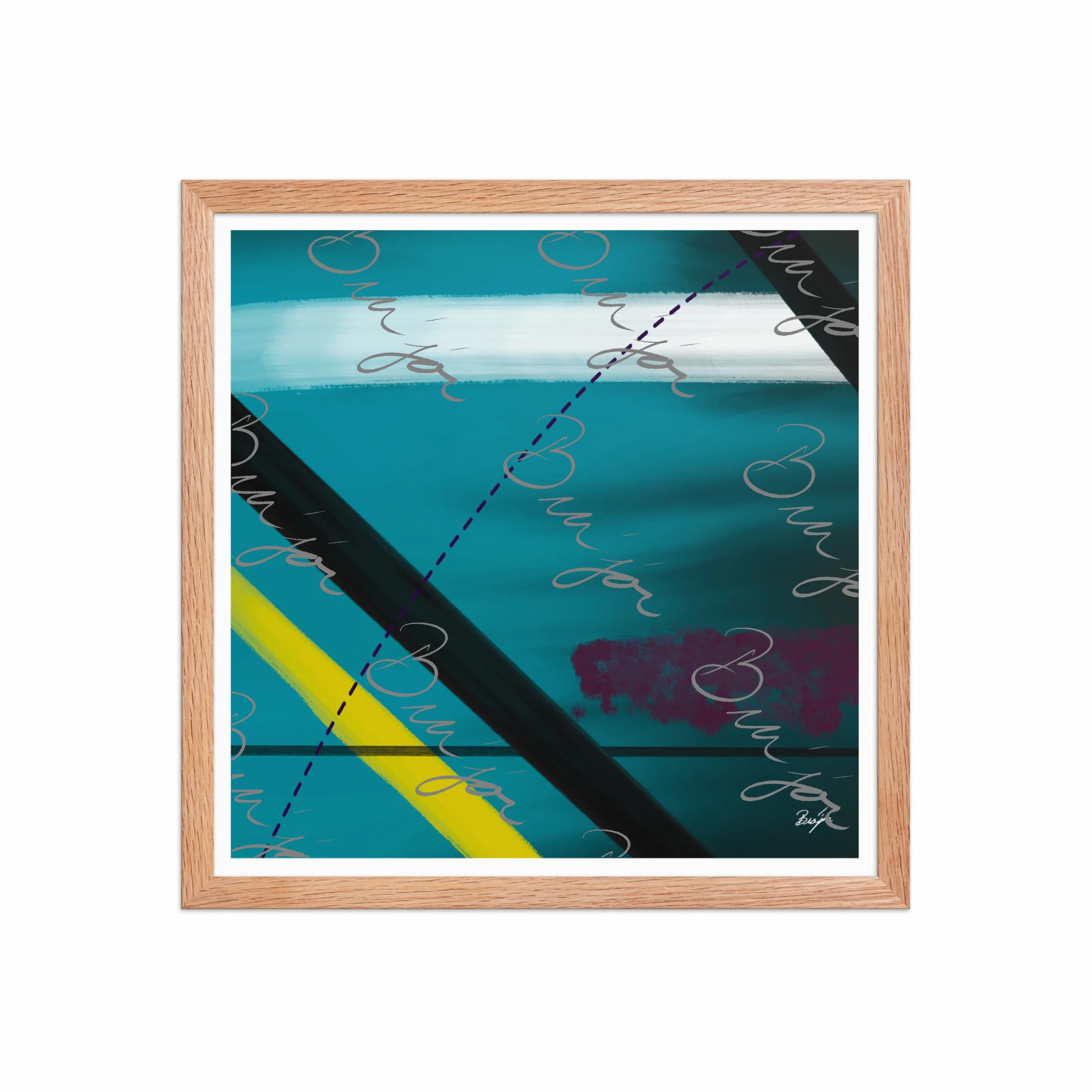16x16 Red Oak Framed Abstract artwork titled First designed by the digital abstract artist Bra'jor. Artwork includes the colors Blue, Yellow, Black, Purple, and White