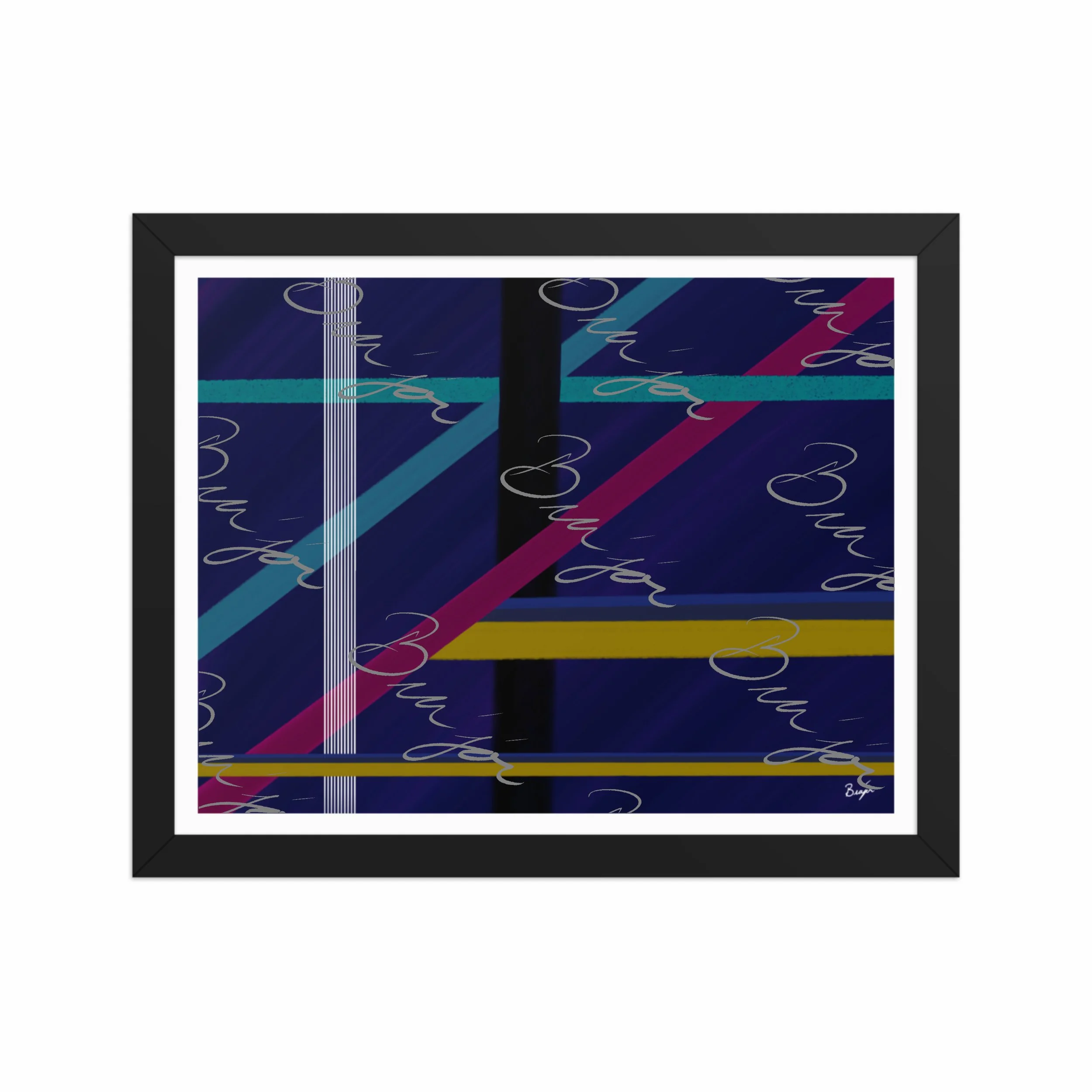 11x14 Black Framed Abstract artwork titled Destinations designed by the digital abstract artist Bra'jor. Artwork includes the colors Black, Blue, Yellow, Pink, and White