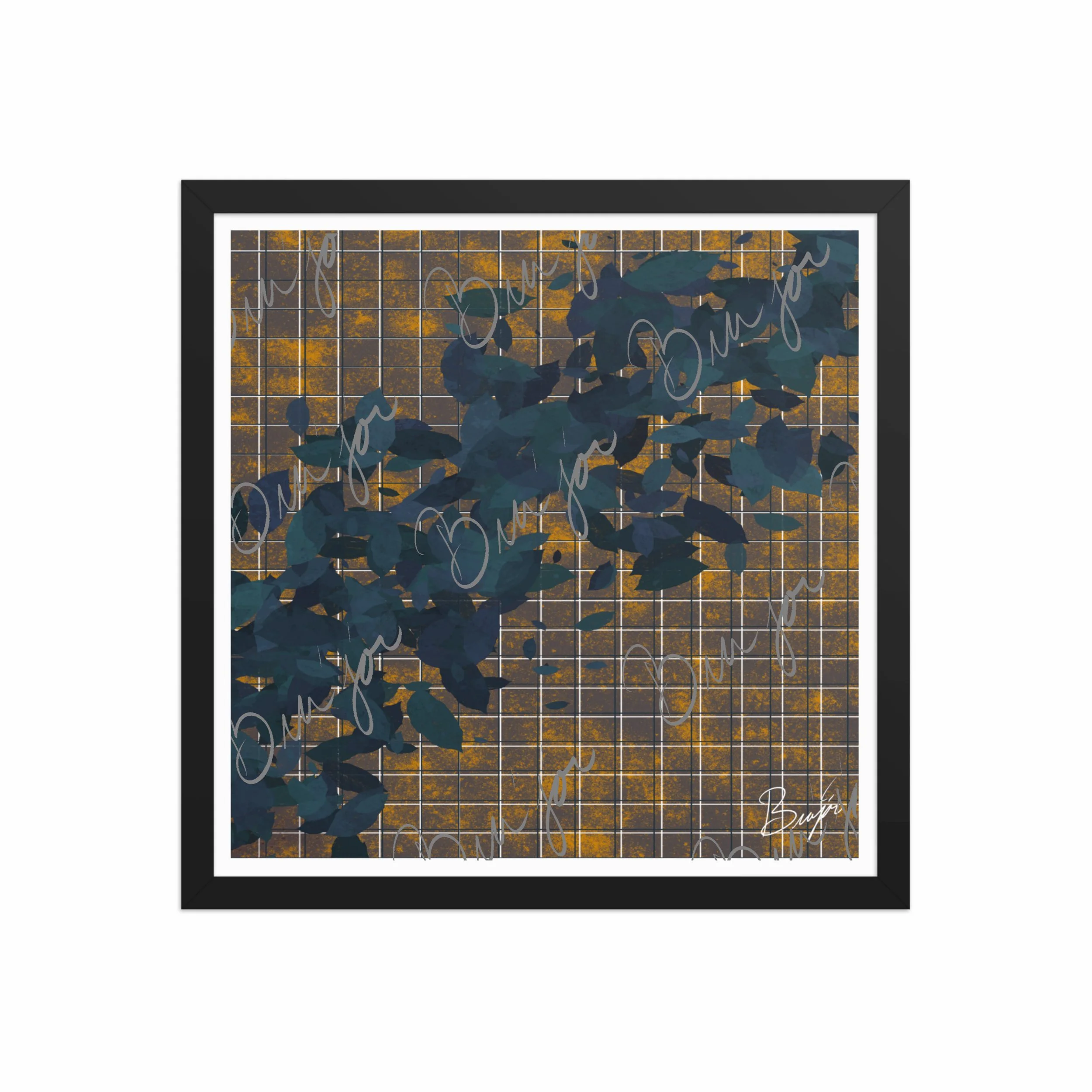 16x16 Black Framed abstract artwork titled Changes designed by the digital abstract artist Bra'jor. Artwork includes the colors Blue in different dark shades, Orange, White, and Black