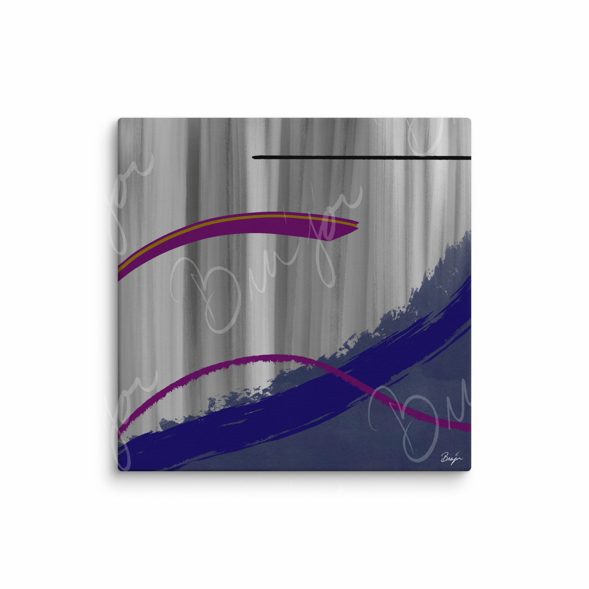 32x32 XL Canvas Abstract artwork titled Reworking designed by the digital abstract artist Bra'jor. Artwork includes the colors Purple, Gray, Blue, Mustard Yellow, and Black