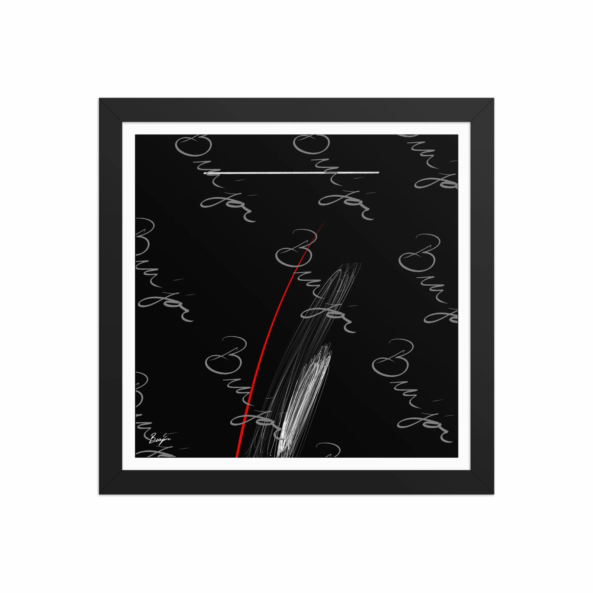 12x12 Black Framed Self Titled Abstract artwork ‘Bra’jor’ designed by the digital abstract artist Bra'jor. Artwork includes the colors Black, Red, and White