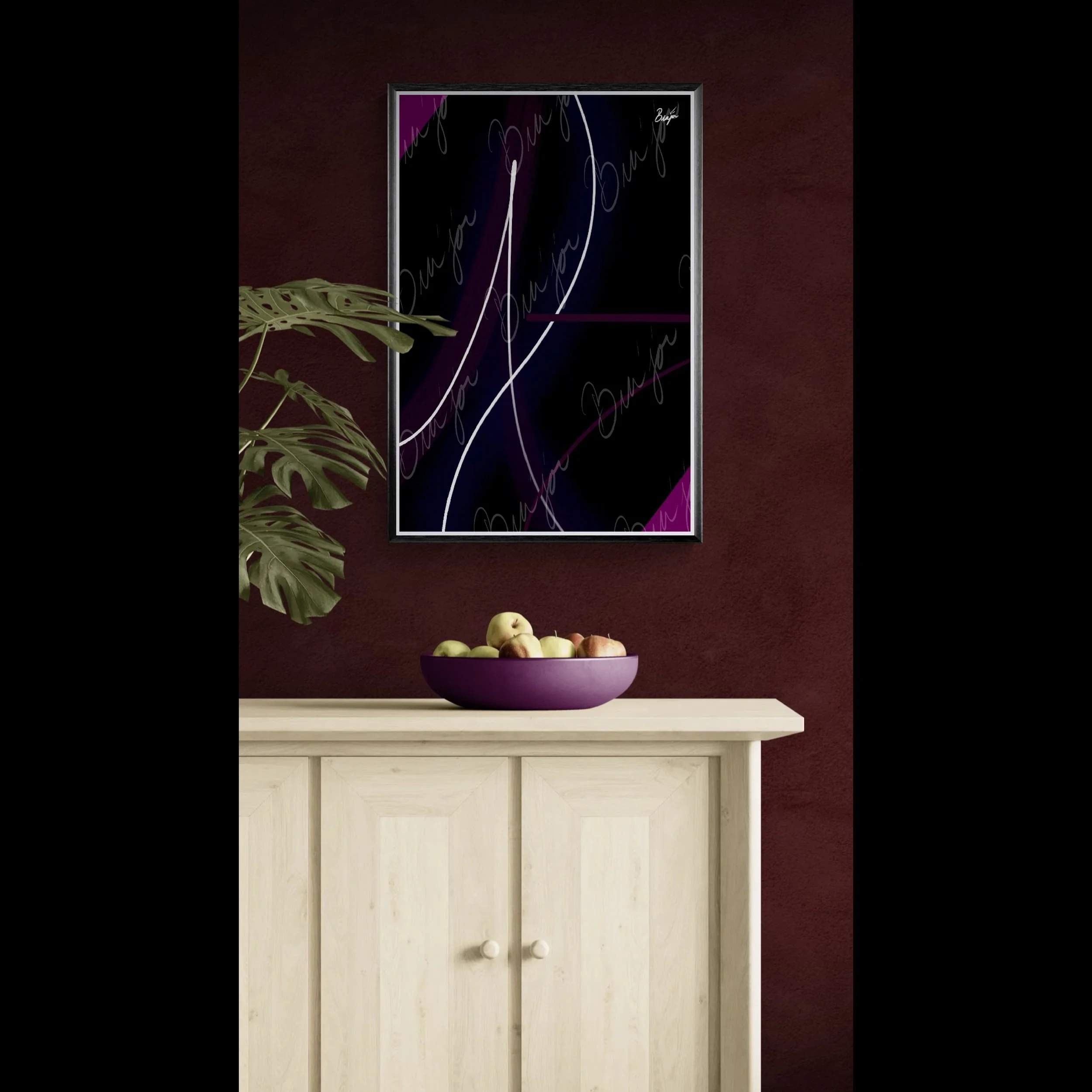 Framed Abstract artwork titled Poised designed by the digital abstract artist Bra'jor. Artwork includes the colors Purple, Pink, Blue, and White
