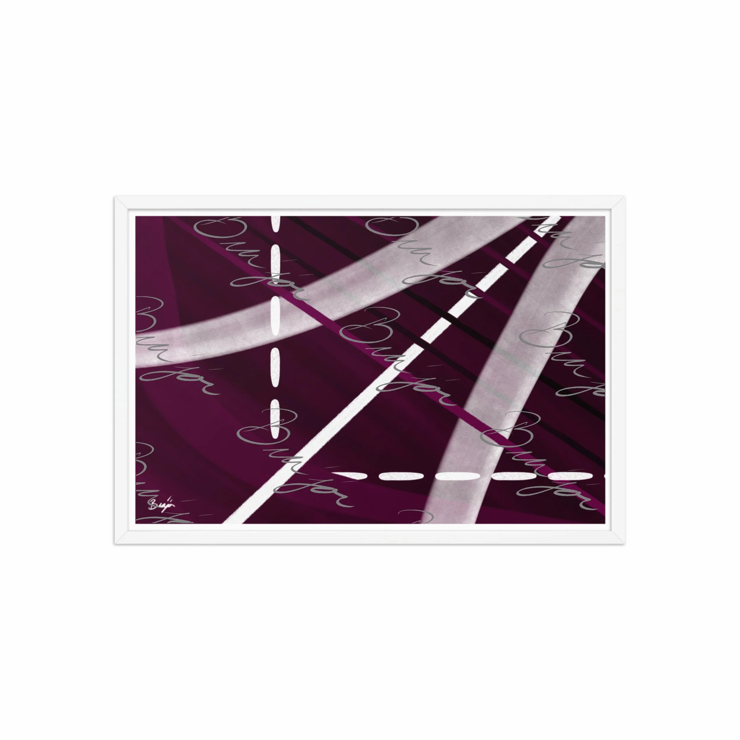 20x30 White Framed abstract artwork titled Tuning designed by the digital abstract artist Bra'jor. Artwork includes the colors Purple, Black, Gray, and White