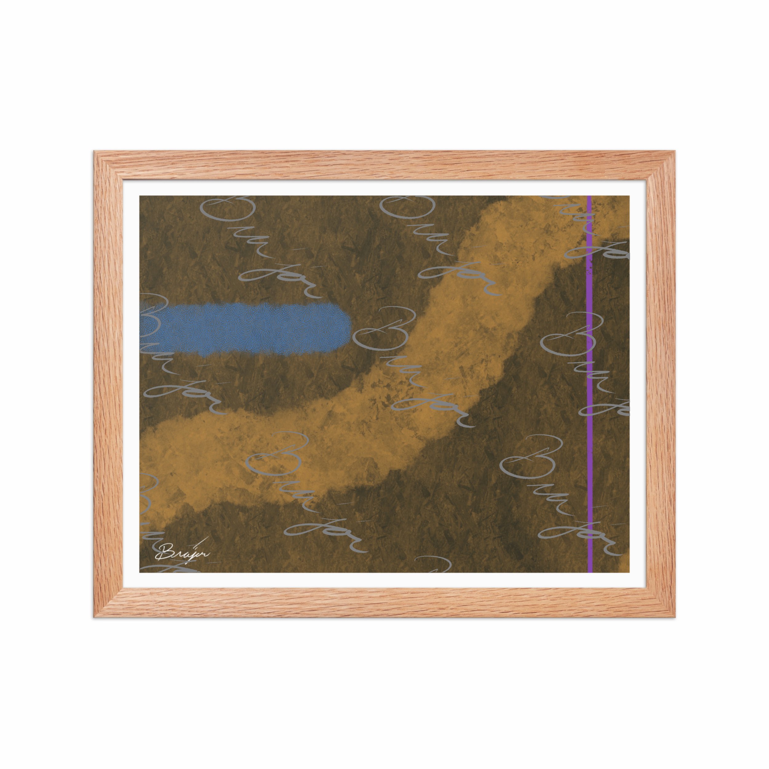 11x14 Red Oak Framed abstract artwork titled Gentle designed by the digital abstract artist Bra'jor. Artwork includes the colors Blue, Brown, Tan, Dark Green, and Purple