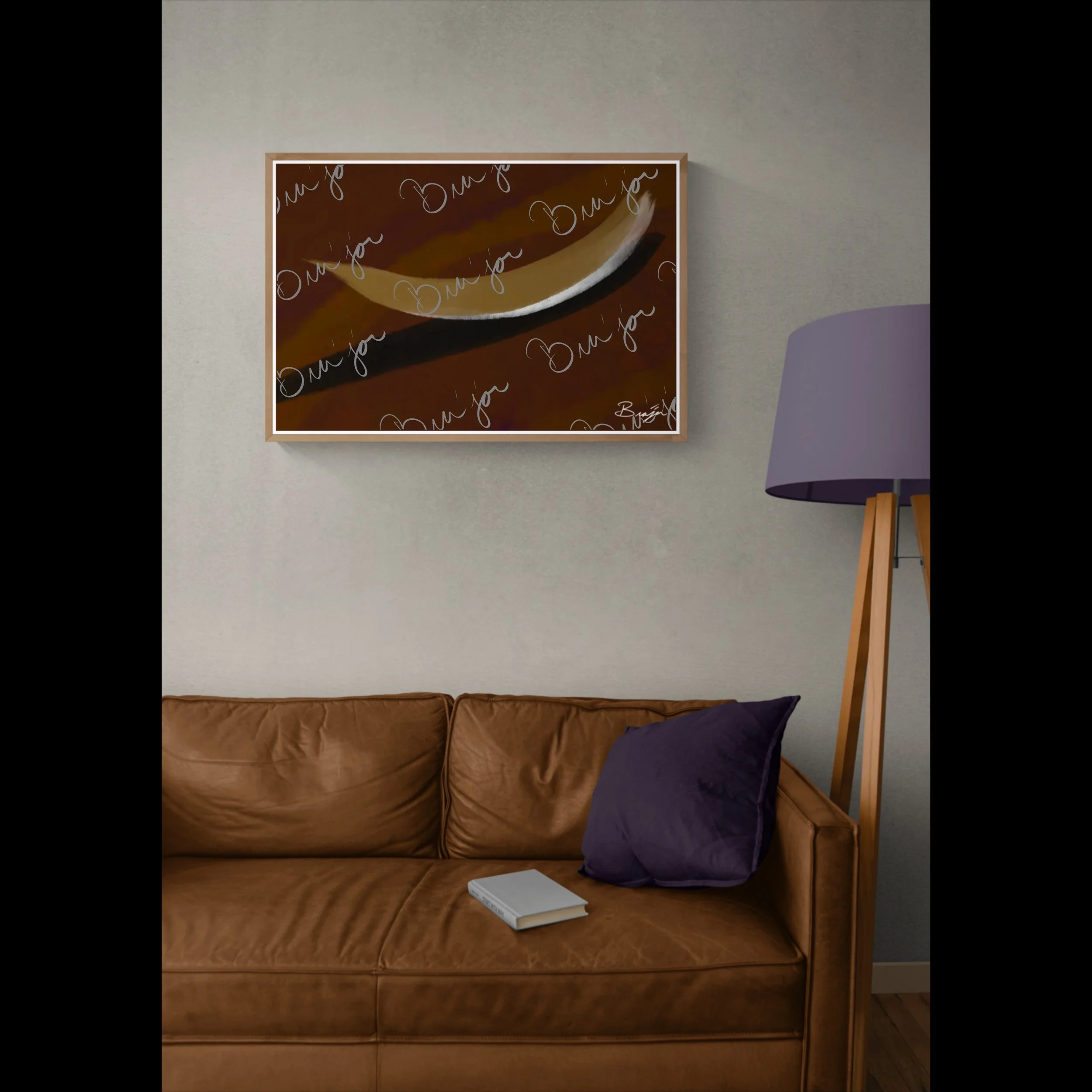 Framed abstract artwork titled Always There designed by the digital abstract artist Bra'jor. Artwork includes the colors Brown, Tan, White, and Black with a Purple undertone