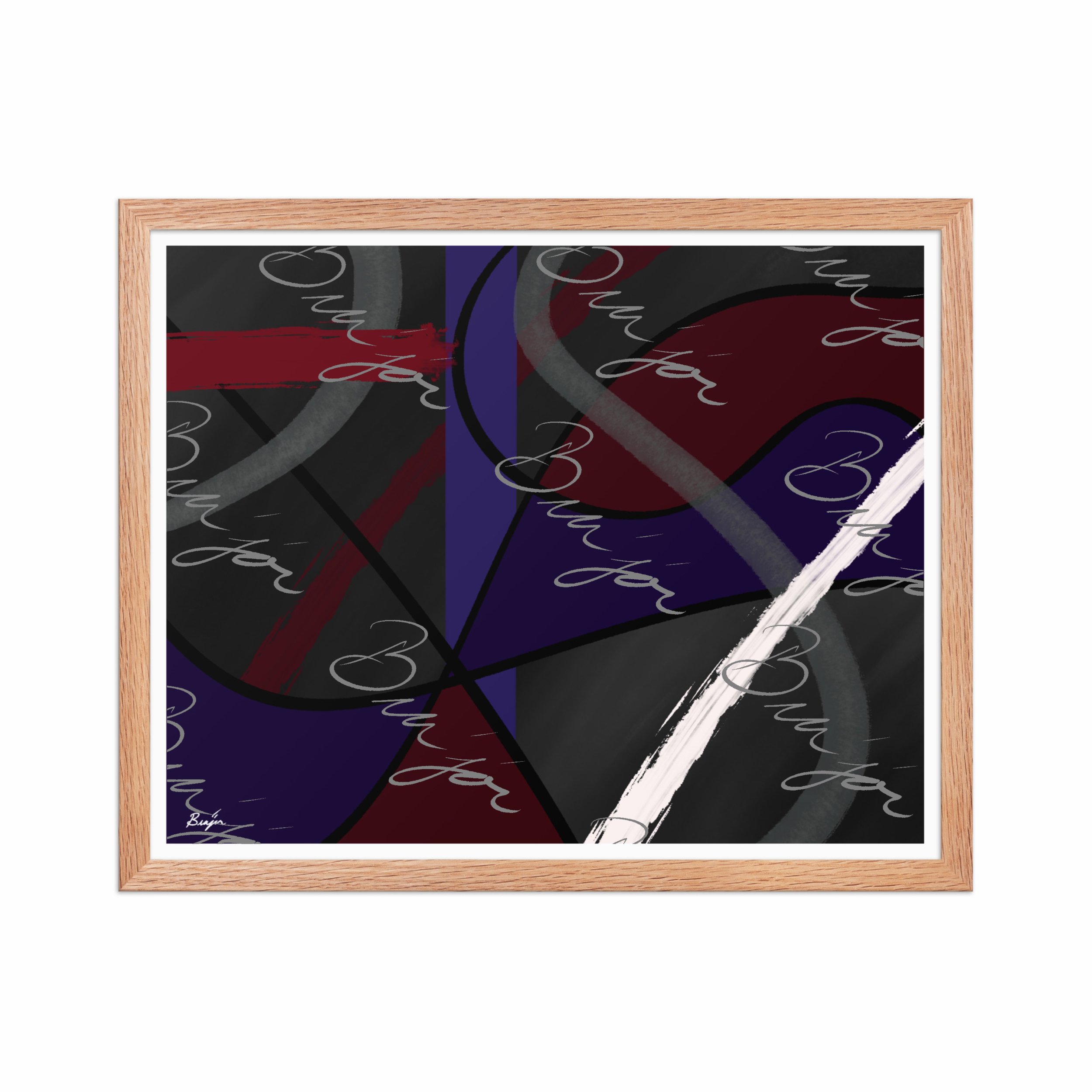 16x20 Red Oak Framed Abstract artwork titled Different designed by the digital abstract artist Bra'jor. Artwork includes the colors Purple, Blue, Red, Gray, and Black